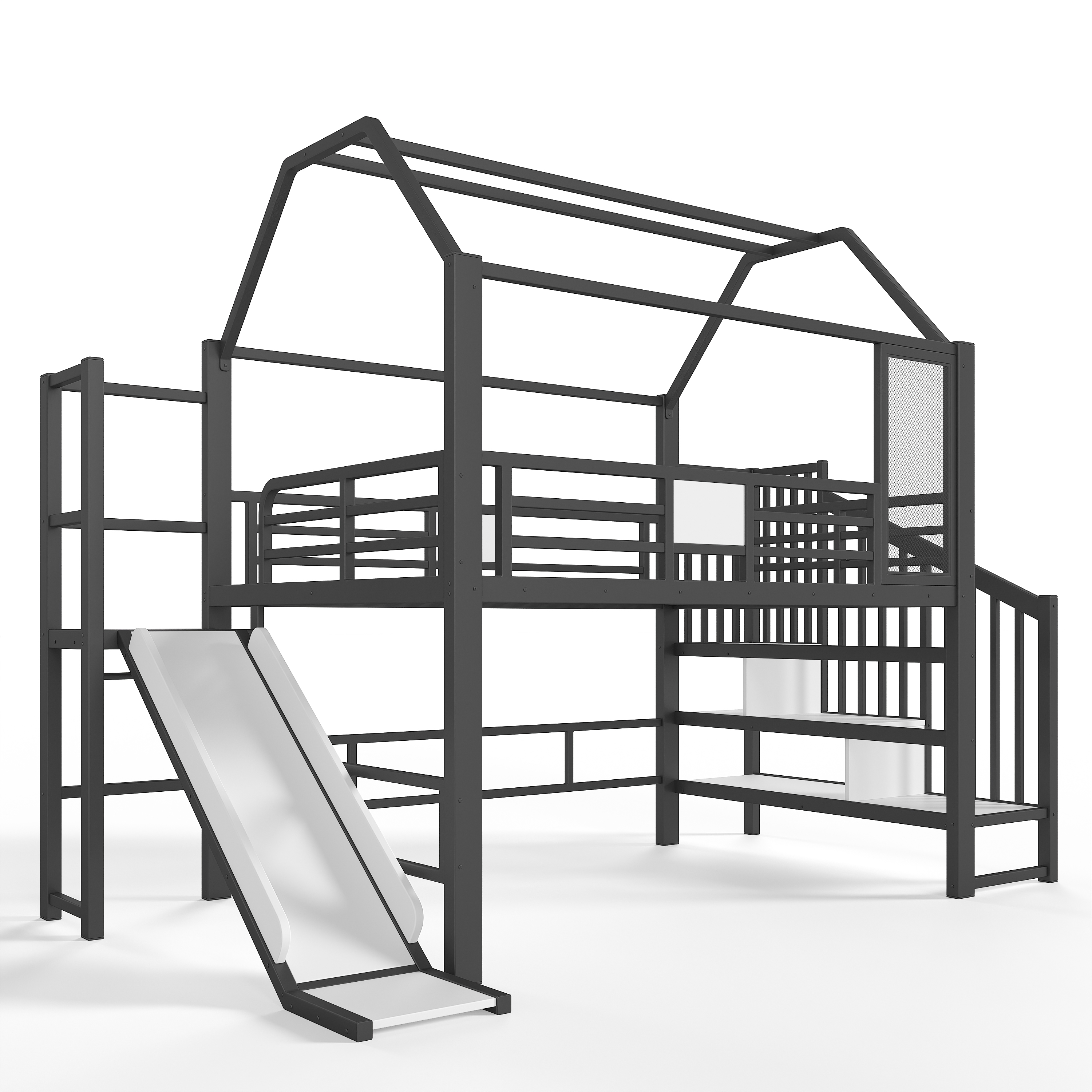 Lit mezzanine 140 x 200 cm avec bureau, toboggan, LED, penderie, MDF et métal, Noir - fonctions