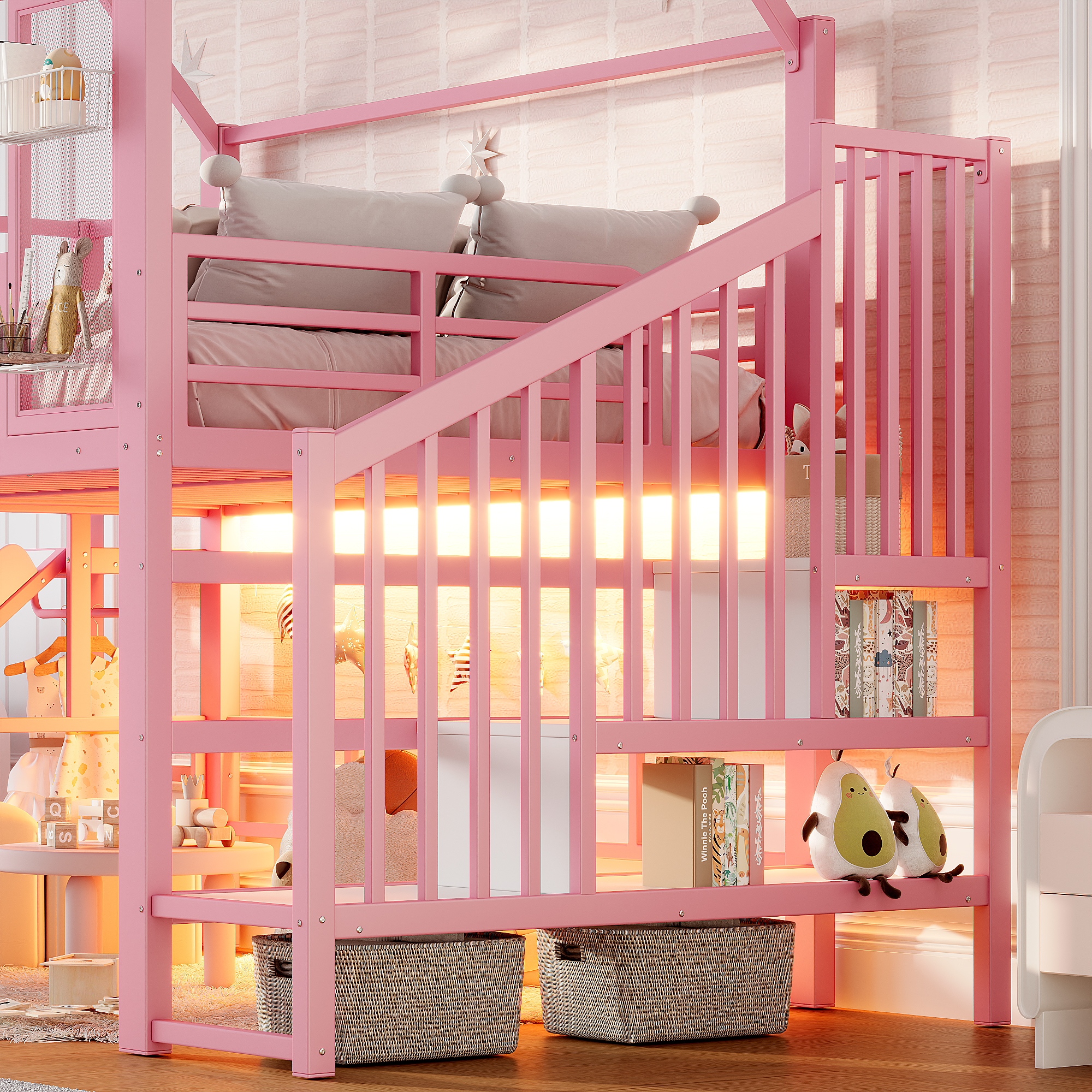 Lit mezzanine 140 x 200 cm avec bureau, toboggan, LED, penderie, MDF et métal, Rose - vue complémentaire