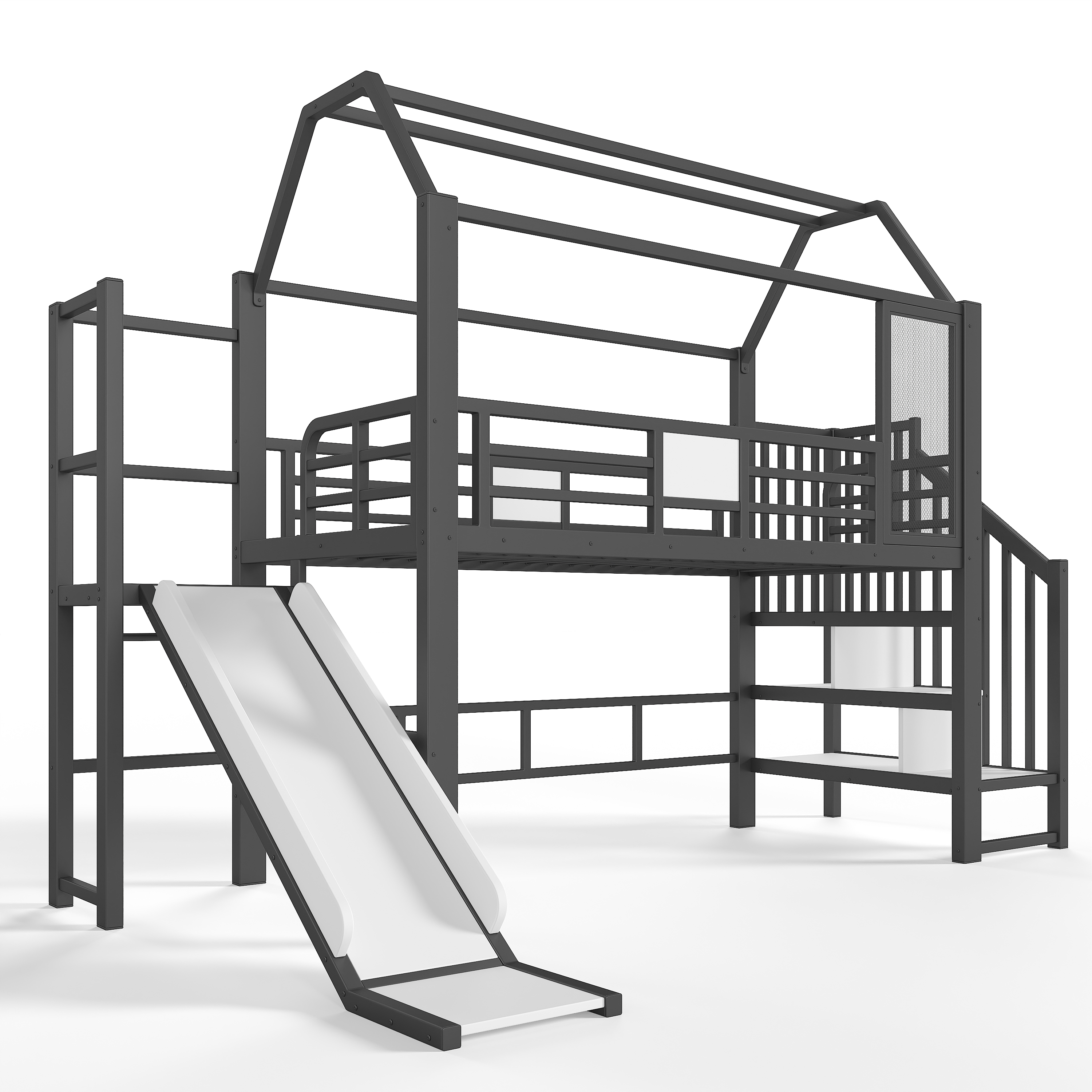 Lit mezzanine 90 x 200 cm avec bureau, toboggan, LED, penderie, MDF et métal, Noir - fonctions