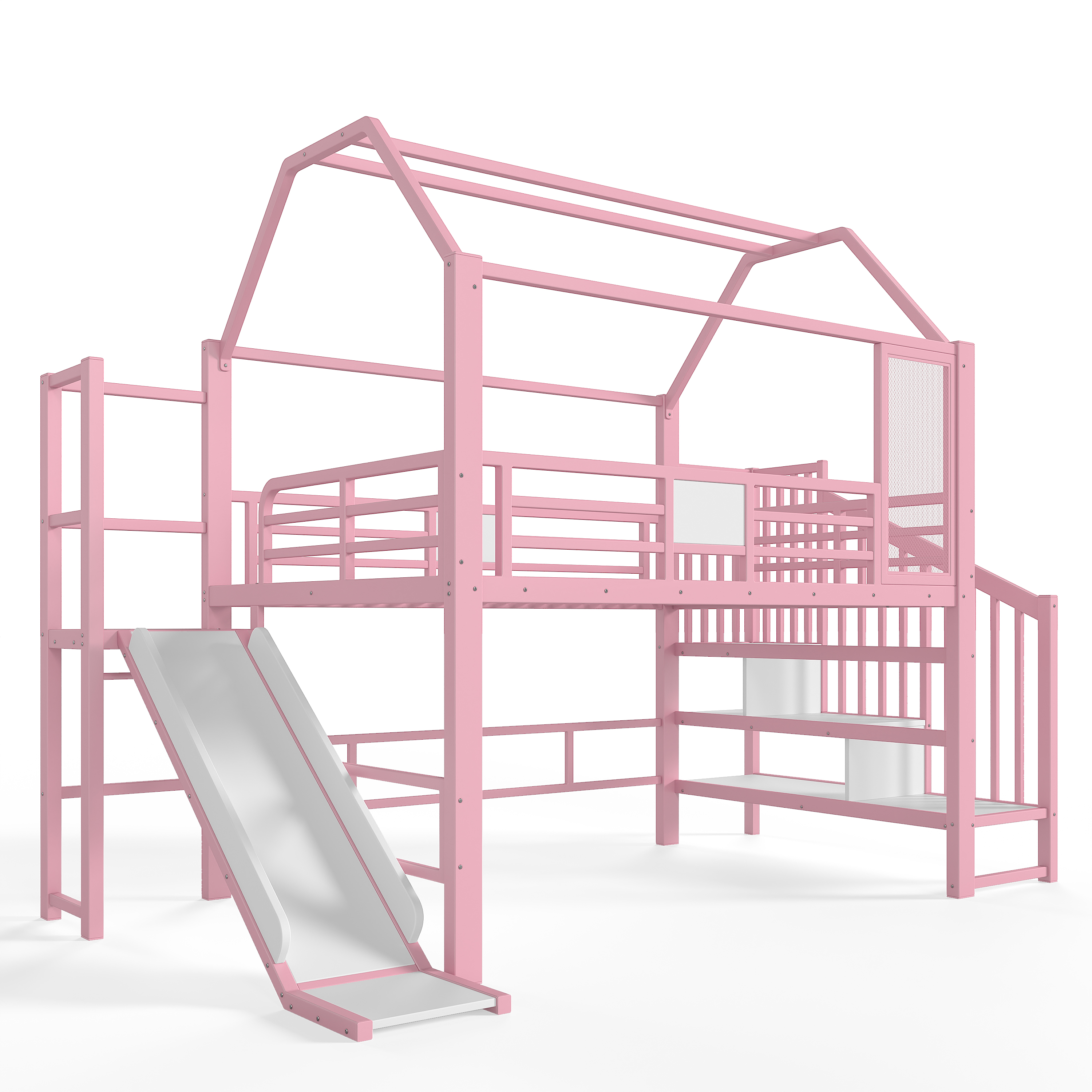Lit mezzanine 140 x 200 cm avec bureau, toboggan, LED, penderie, MDF et métal, Rose - fonctions