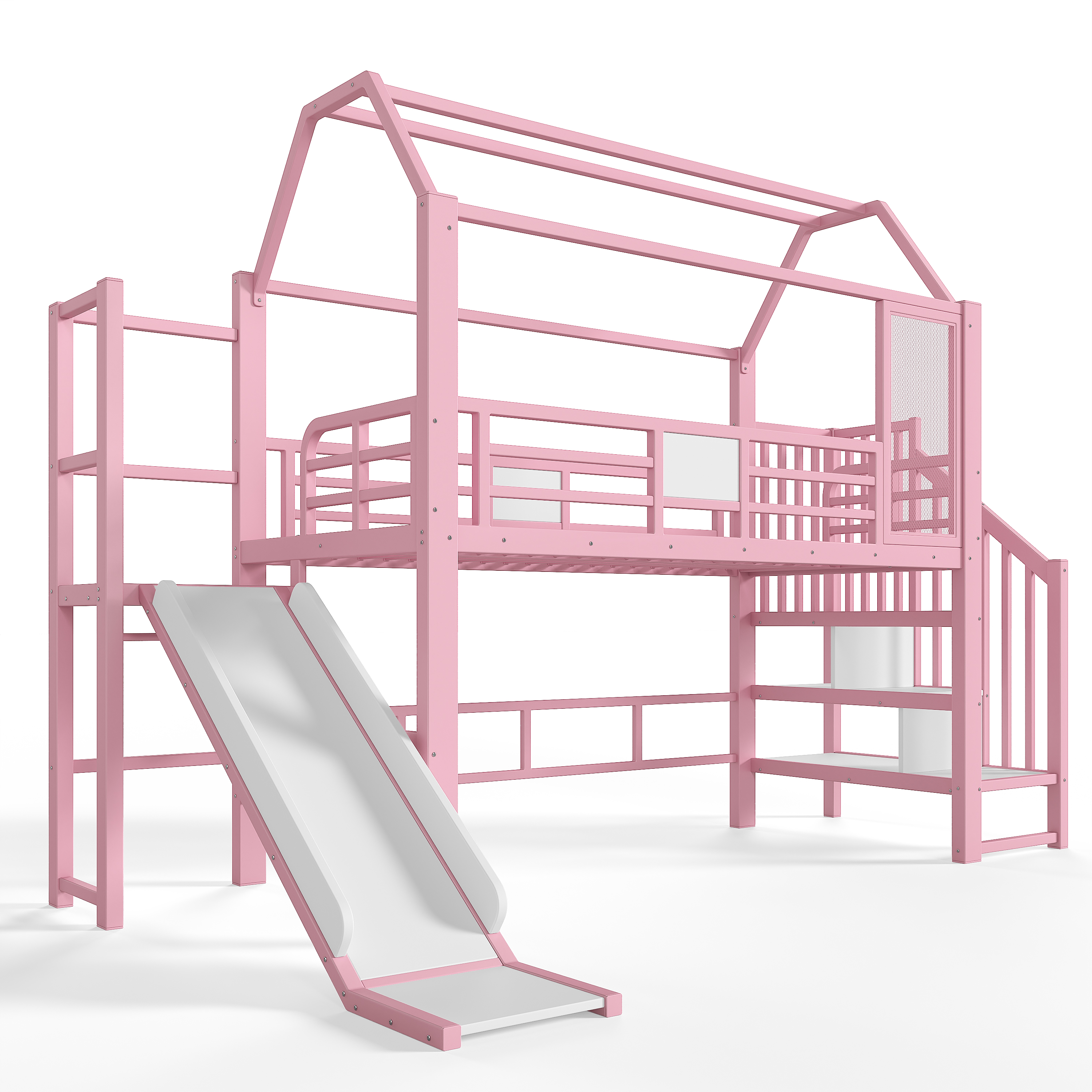 Lit mezzanine 90 x 200 cm avec bureau, toboggan, LED, penderie, MDF et métal, Rose - fonctions