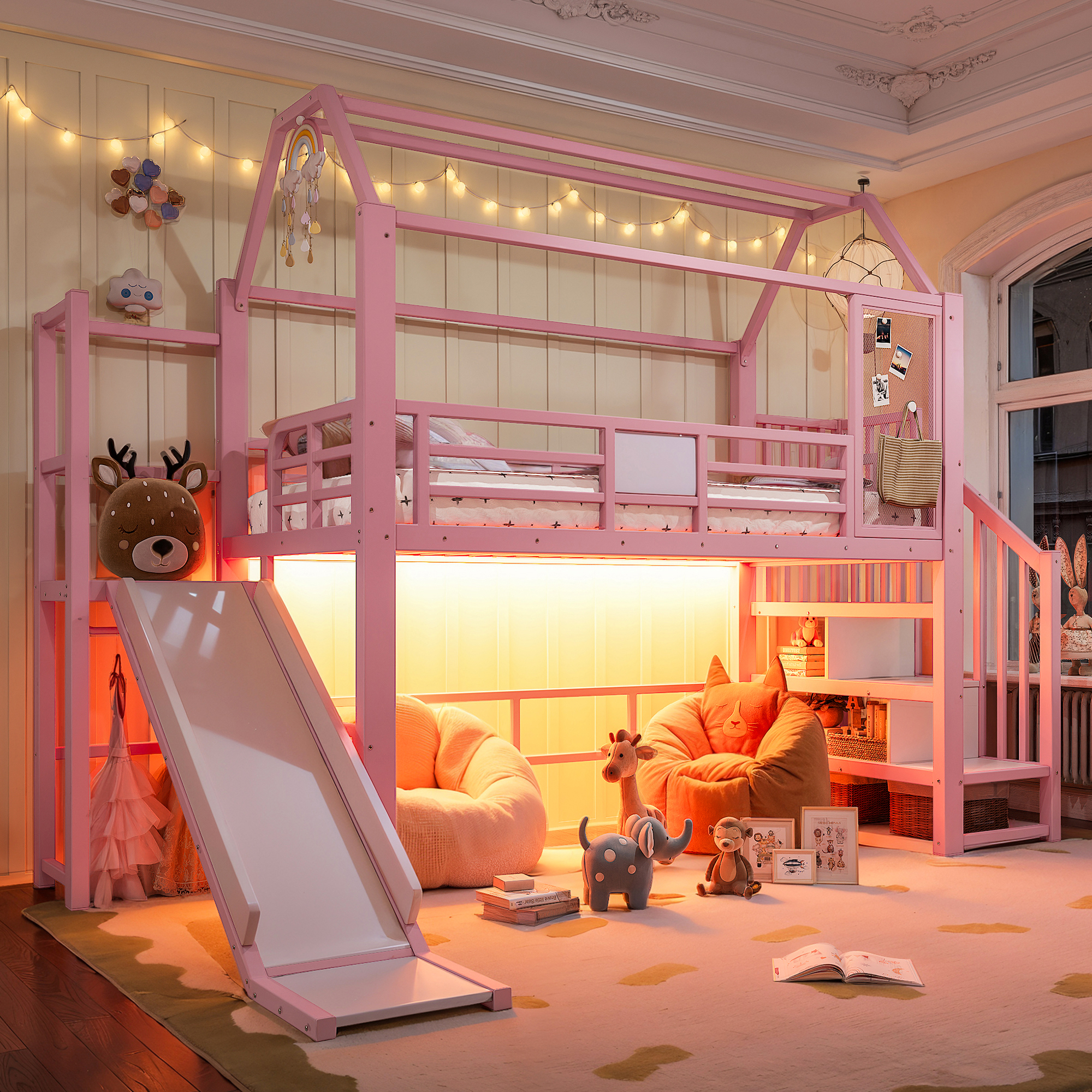 Lit mezzanine 90 x 200 cm avec bureau, toboggan, LED, penderie, MDF et métal, Rose - vue principale