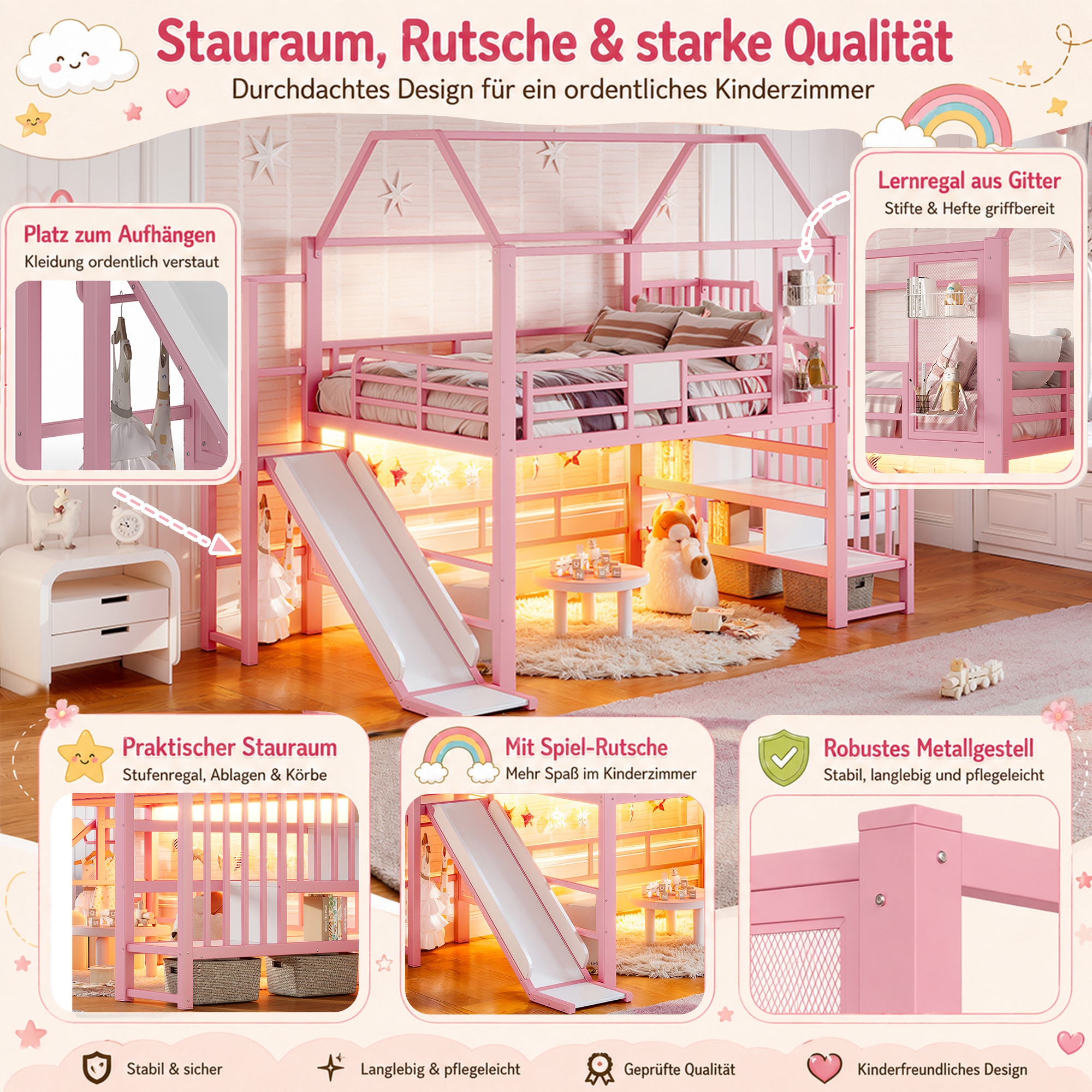 escalier avec compartiments de rangement et tringle à vêtements sous le toboggan