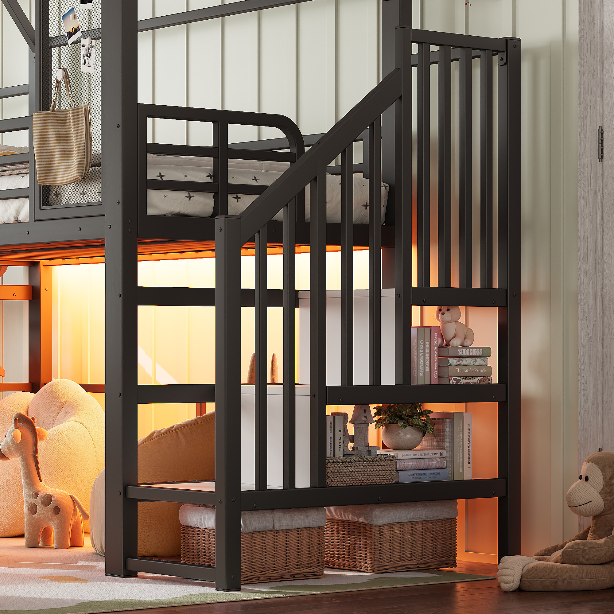Lit mezzanine 90 x 200 cm avec bureau, toboggan, LED, penderie, MDF et métal, Noir - dimensions et détails