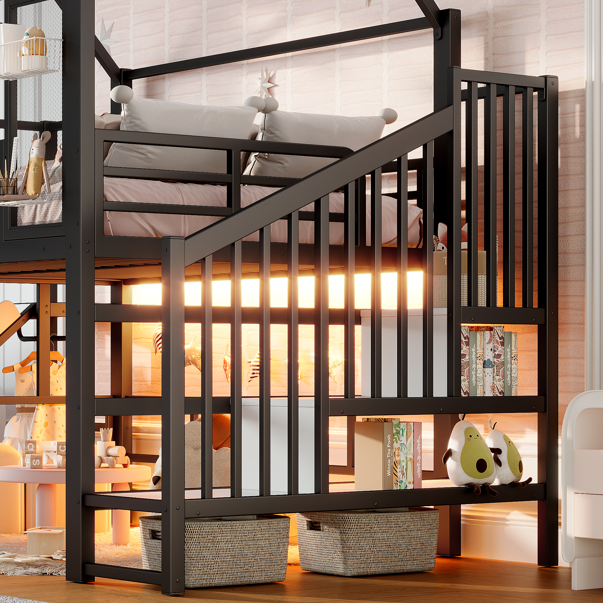 Lit mezzanine 140 x 200 cm avec bureau, toboggan, LED, penderie, MDF et métal, Noir - vue complémentaire