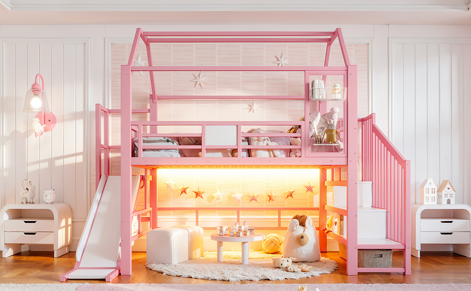 vue d’angle du lit mezzanine rose
