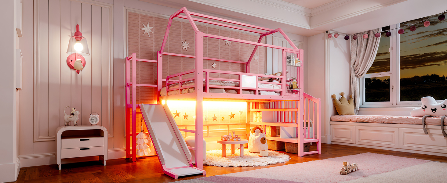 produit fini lit mezzanine enfant rose avec toboggan