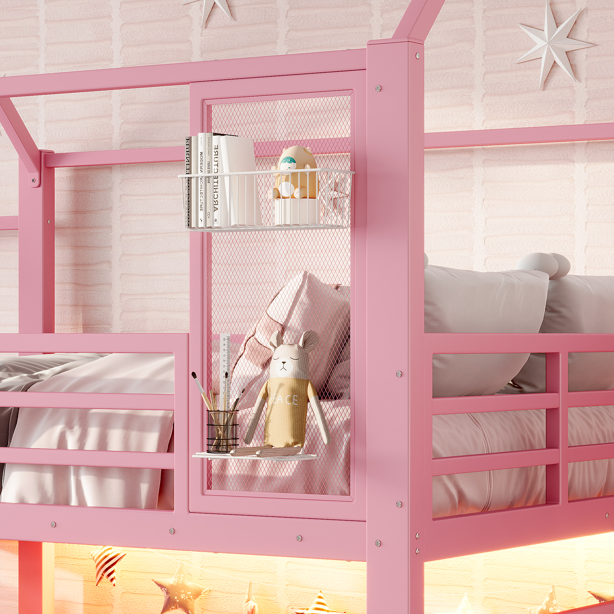 Lit mezzanine 140 x 200 cm avec bureau, toboggan, LED, penderie, MDF et métal, Rose - dimensions et détails
