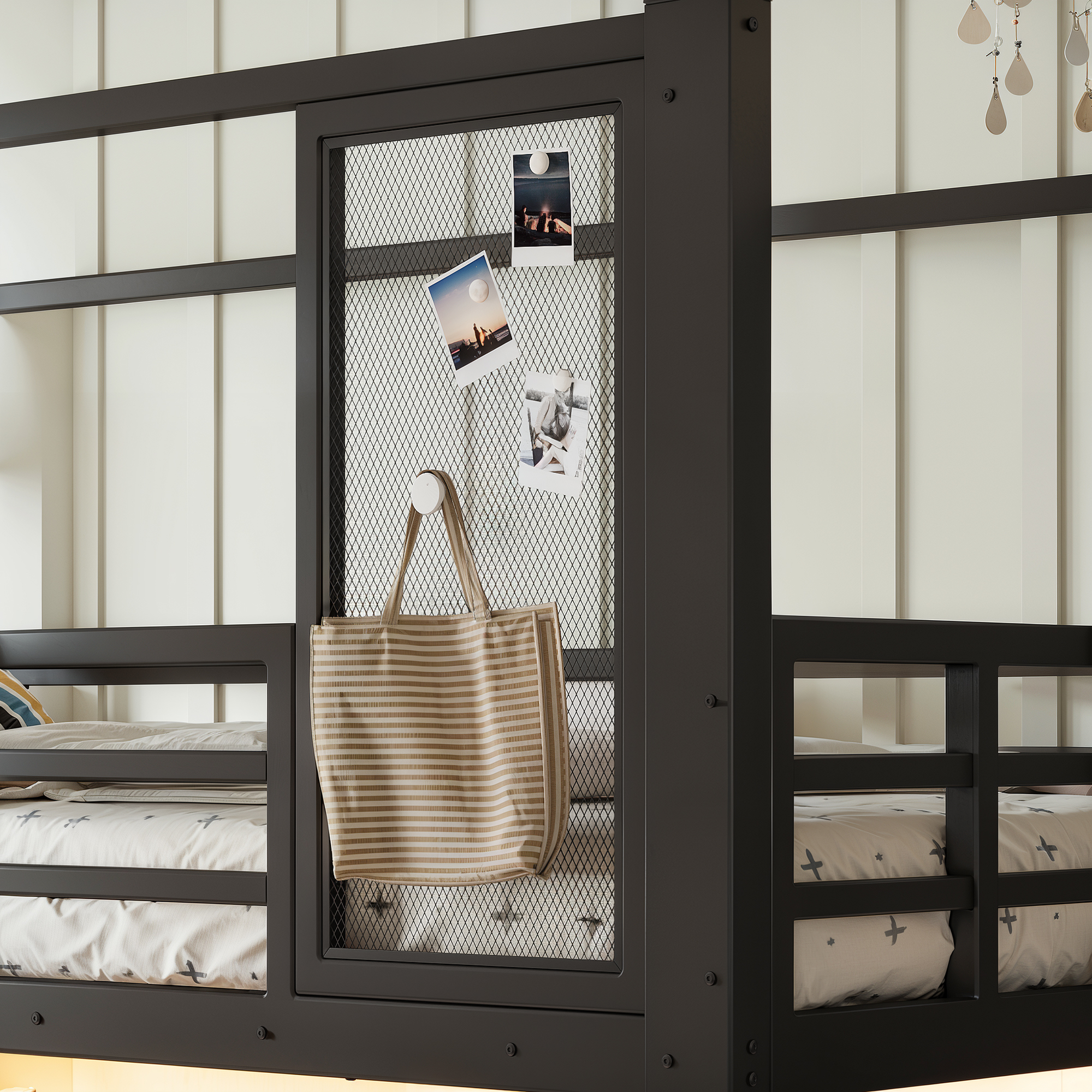 Lit mezzanine 90 x 200 cm avec bureau, toboggan, LED, penderie, MDF et métal, Noir - vue complémentaire