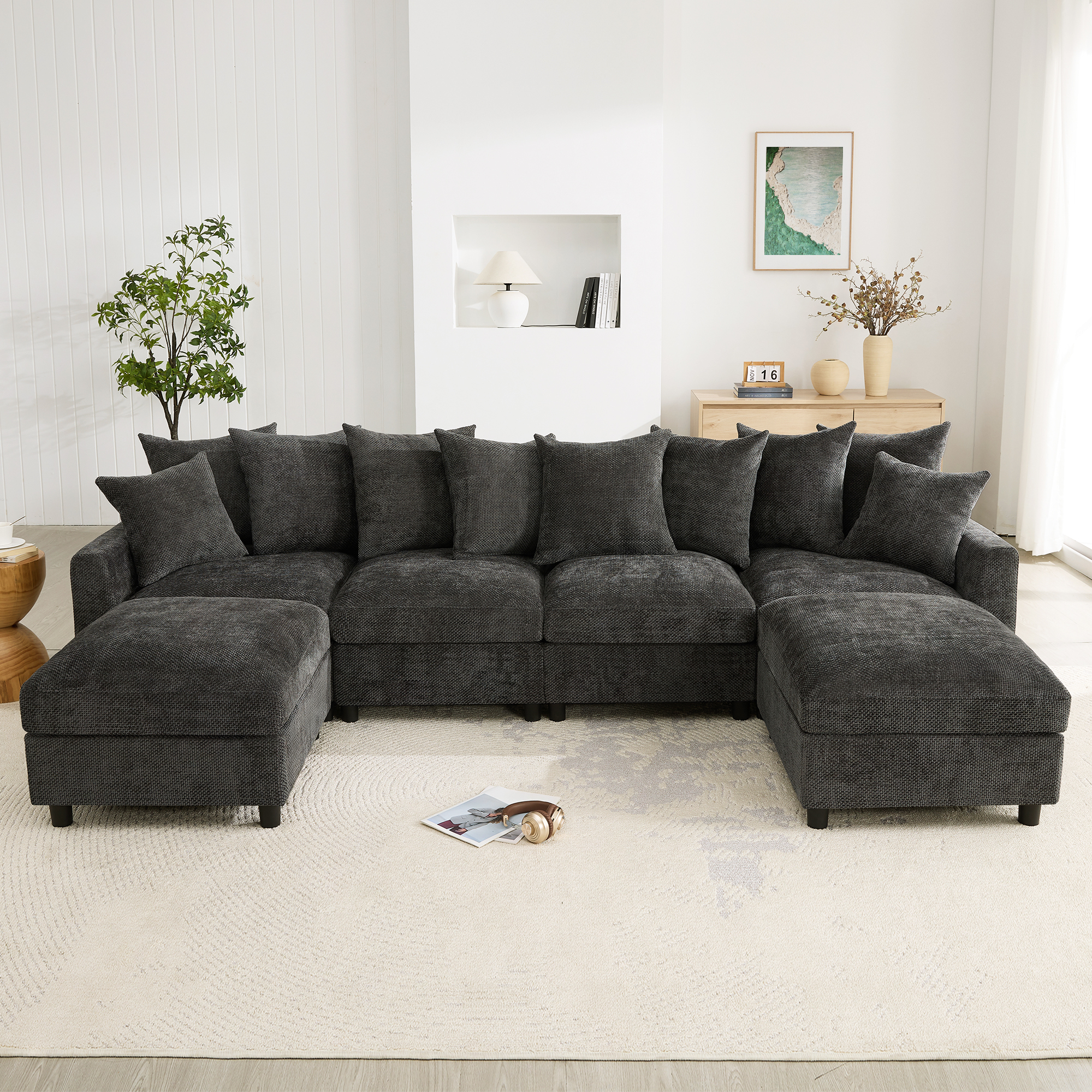 Canapé en U 6 places 283 x 153,5 x 78,5 cm, modulable, avec USB/Type-C, en chenille, Gris - vue principale