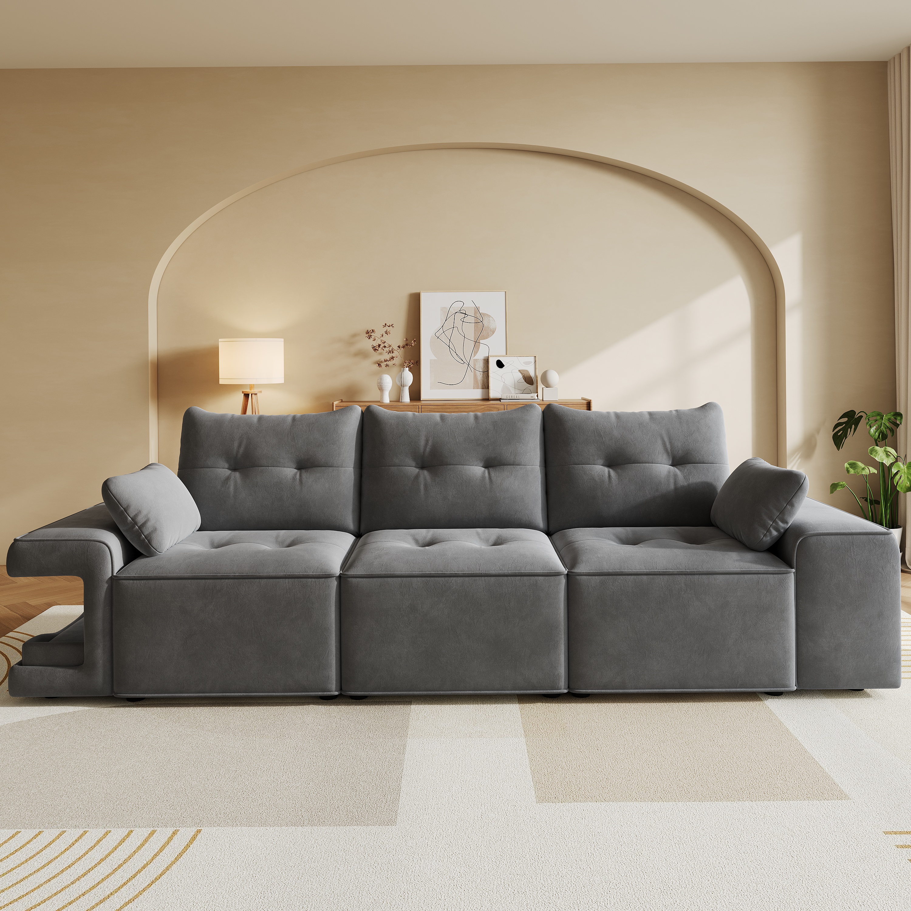 Canapé 3 places nuage gris velours espace animalier rangement