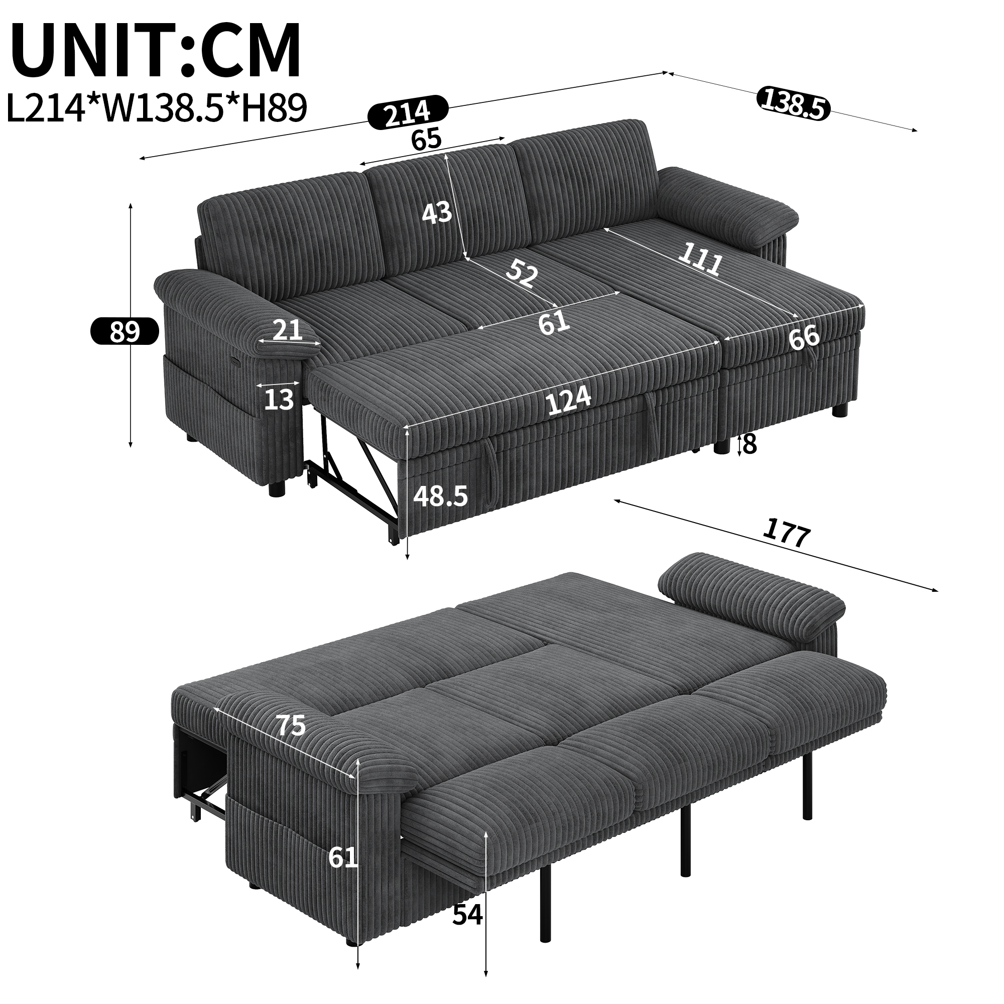 Dimensions et détails du canapé d’angle convertible gris