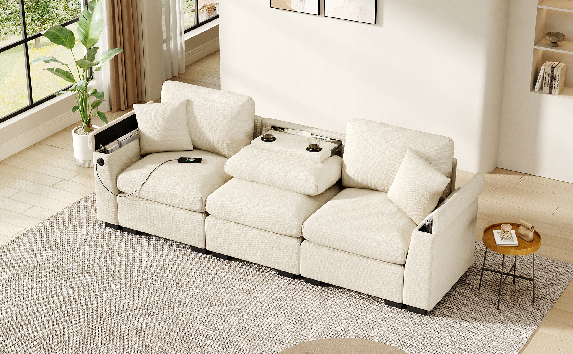 Canapé 3 places en chenille avec table rabattable et USB