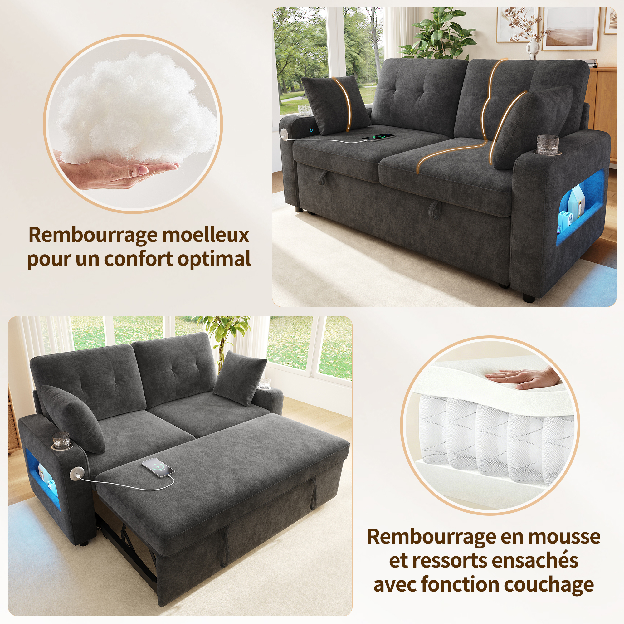 Canapé 2 places 141,5 x 131 x 83,5 cm, convertible, modulable, avec USB/Type-C, en chenille, Gris - dimensions et spécifications