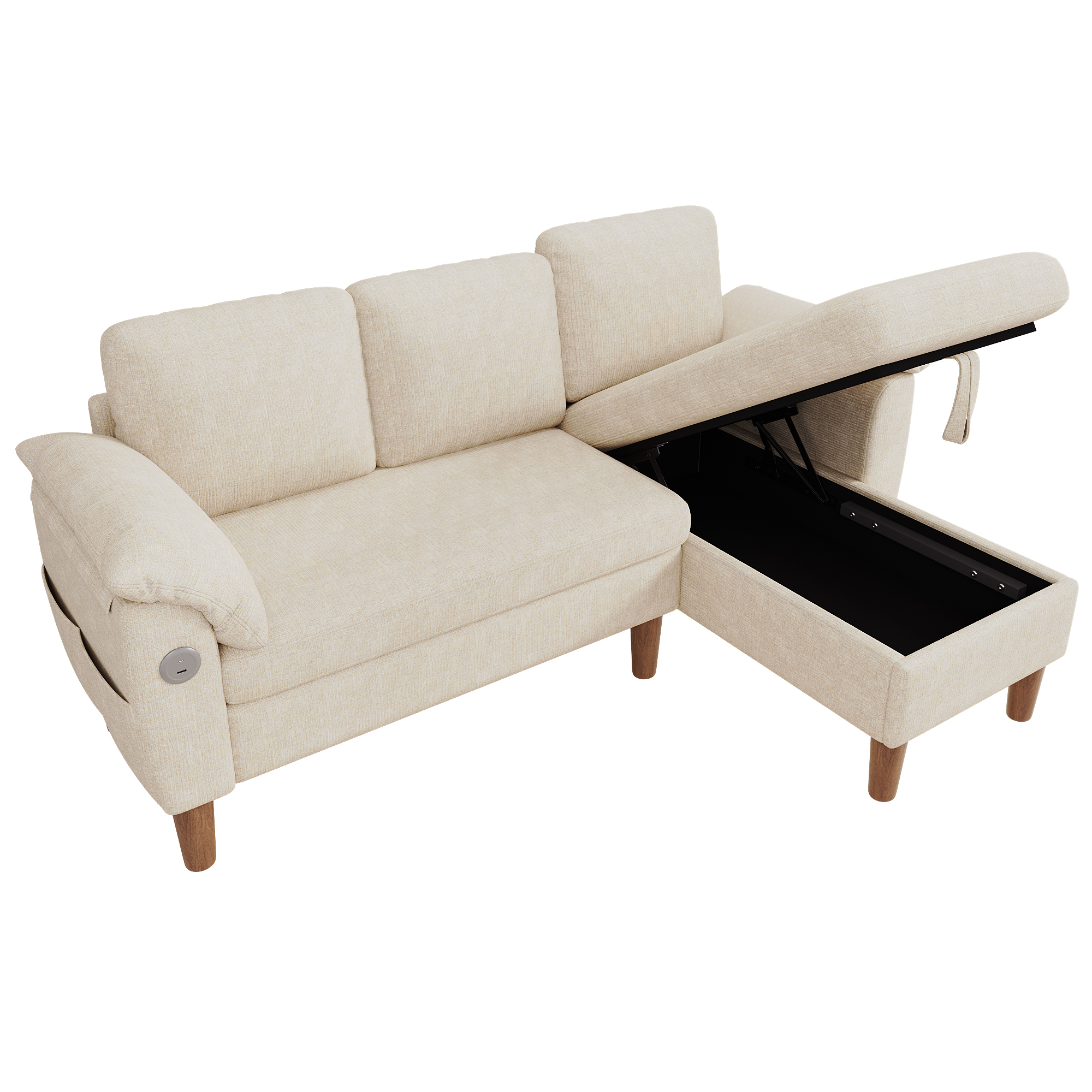 Canapé d’angle en L 3 places 181 x 125 x 88 cm, avec coffre de rangement, modulable, avec USB/Type-C, en chenille, Beige - détails