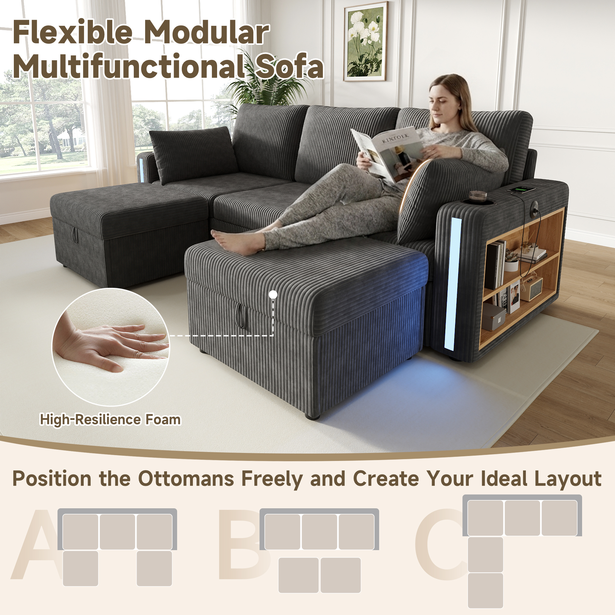 Canapé d’angle modulable 5 places 190 x 130 x 85 cm canapé en L avec méridienne, avec pouf, avec rangement, velours côtelé, Gris - spécifications 1