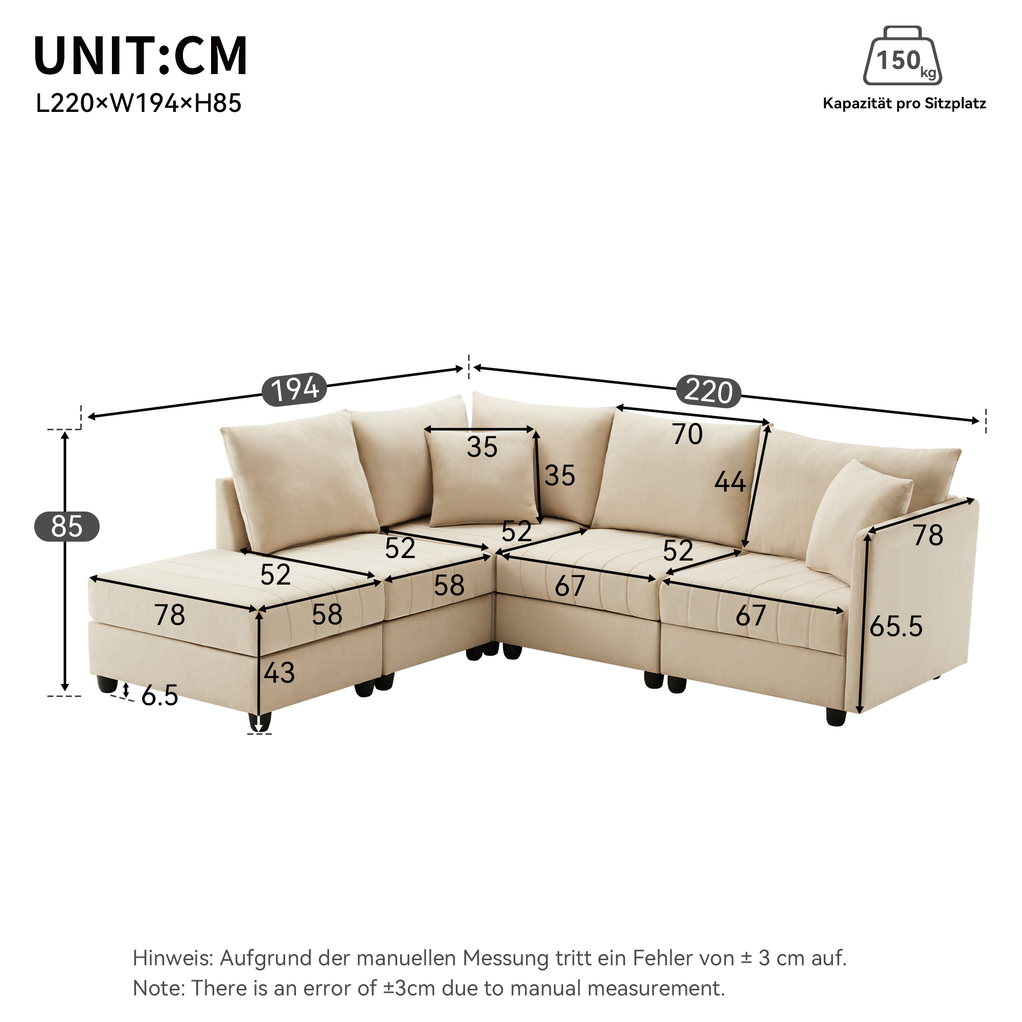 Dimensions canapé d’angle 5 places beige