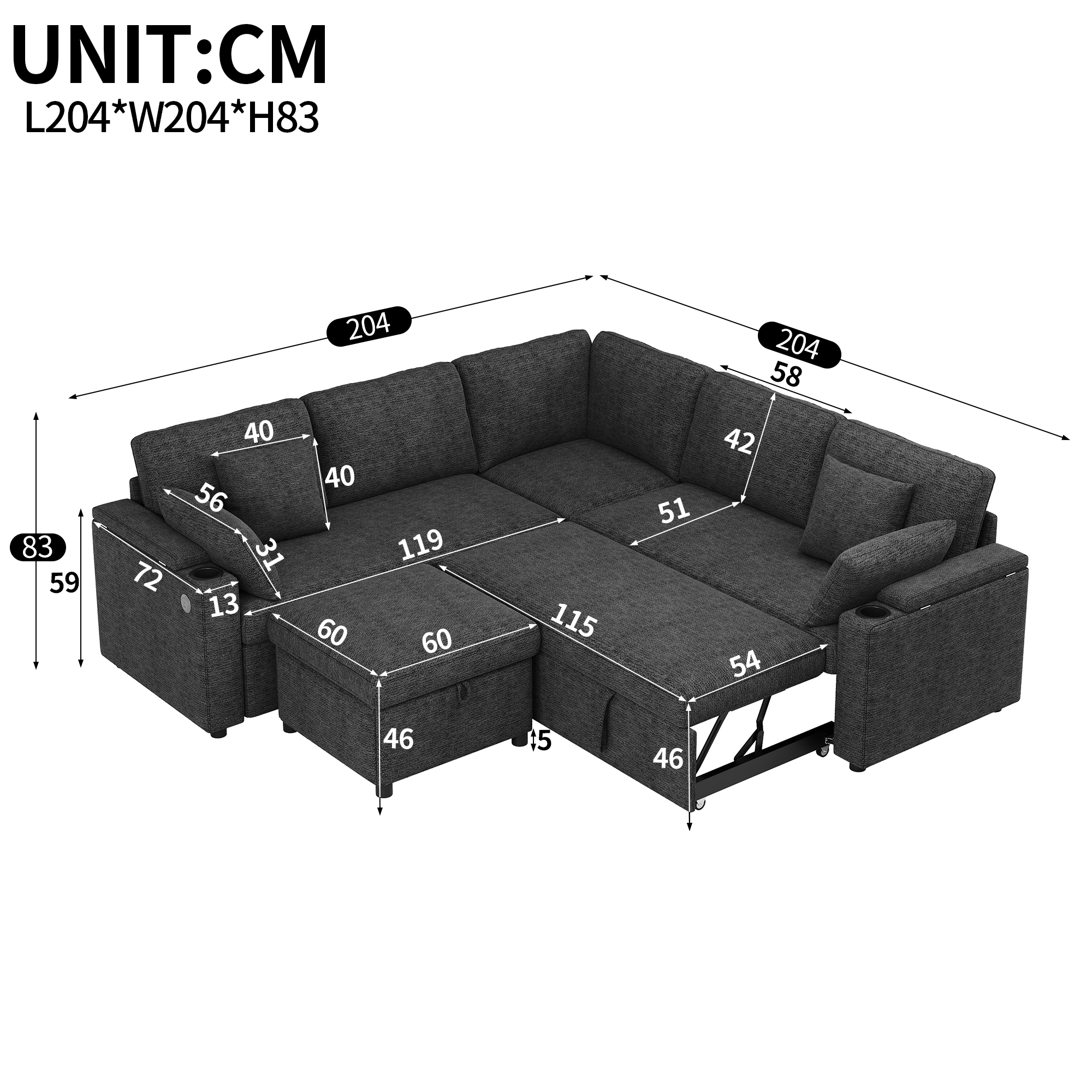 Canapé d’angle convertible 6 places en chenille avec pouf coffre, USB/Type-C, porte-gobelets, Gris, 204 x 204 x 83 cm - vue complémentaire 1