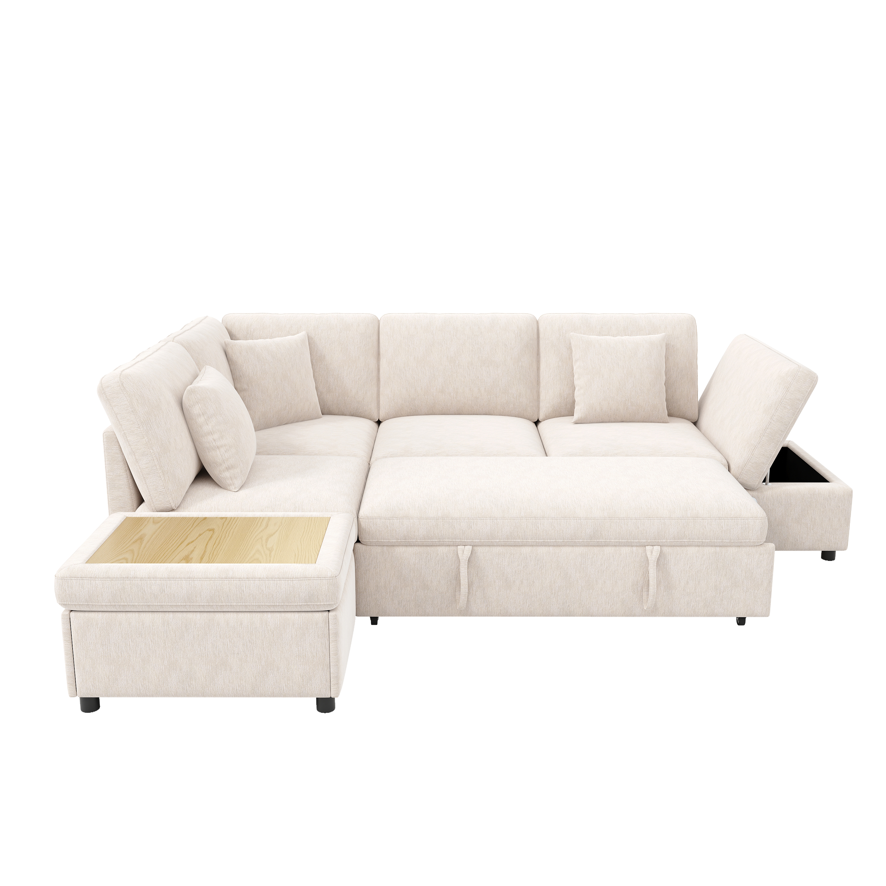 Canapé d’angle convertible en L 4 places 247,5 x 172 x 87 cm, avec rangement, pouf, table d’appoint et ports USB/USB-C, Chenille, beige - vue complémentaire 1