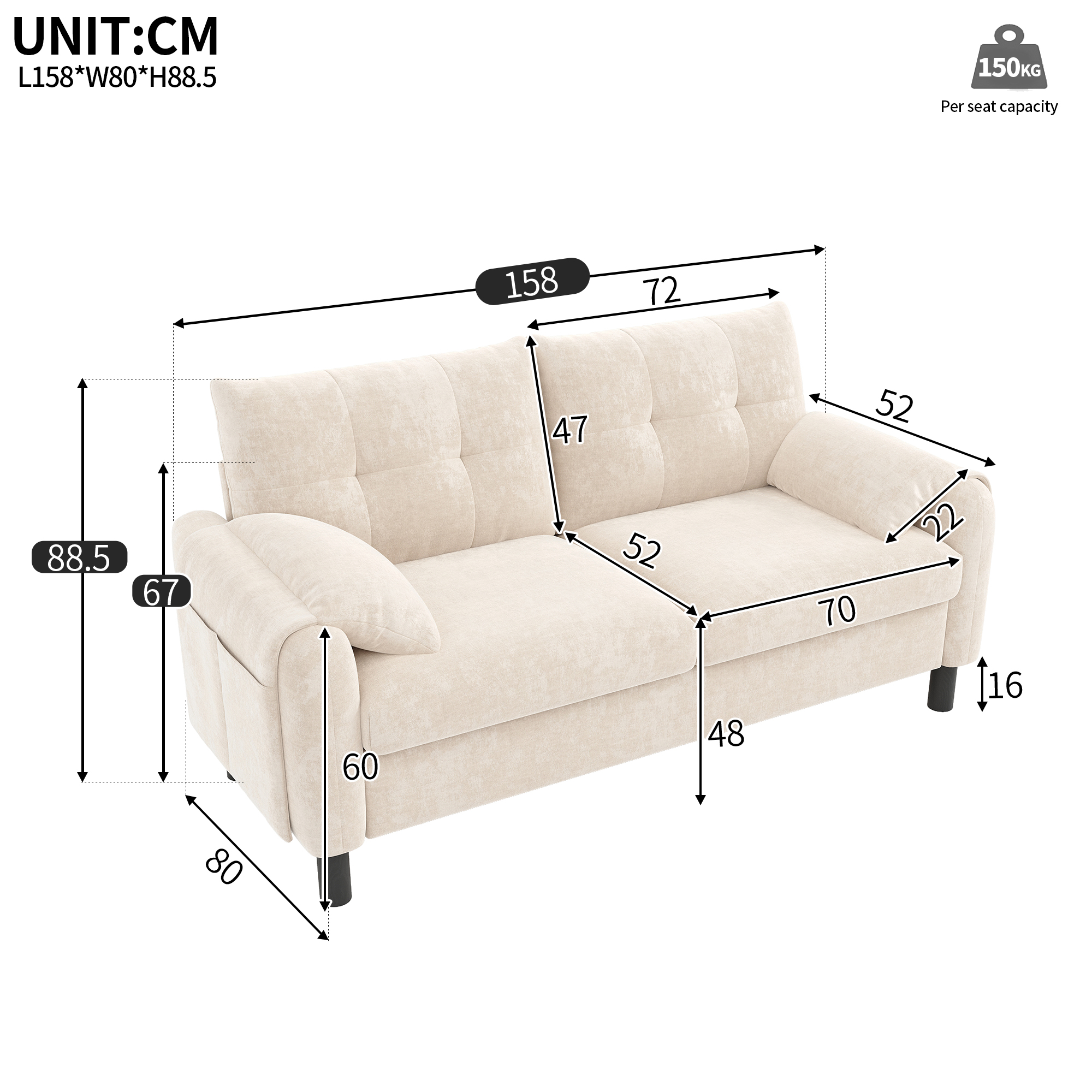 Canapé 2 places 158x80x88,5 cm en chenille beige - points forts 1