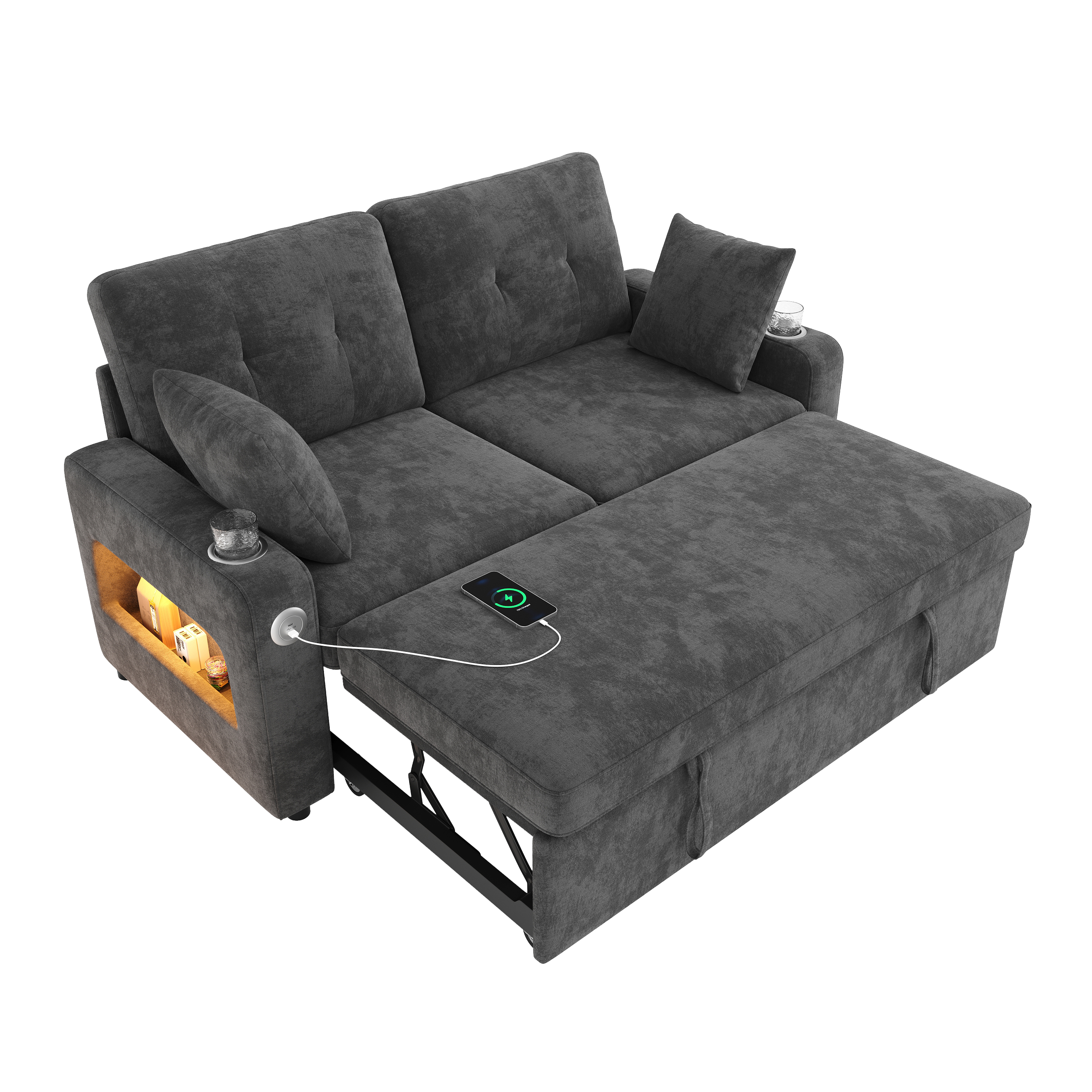 Canapé 2 places 141,5 x 131 x 83,5 cm, convertible, modulable, avec USB/Type-C, en chenille, Gris - détails
