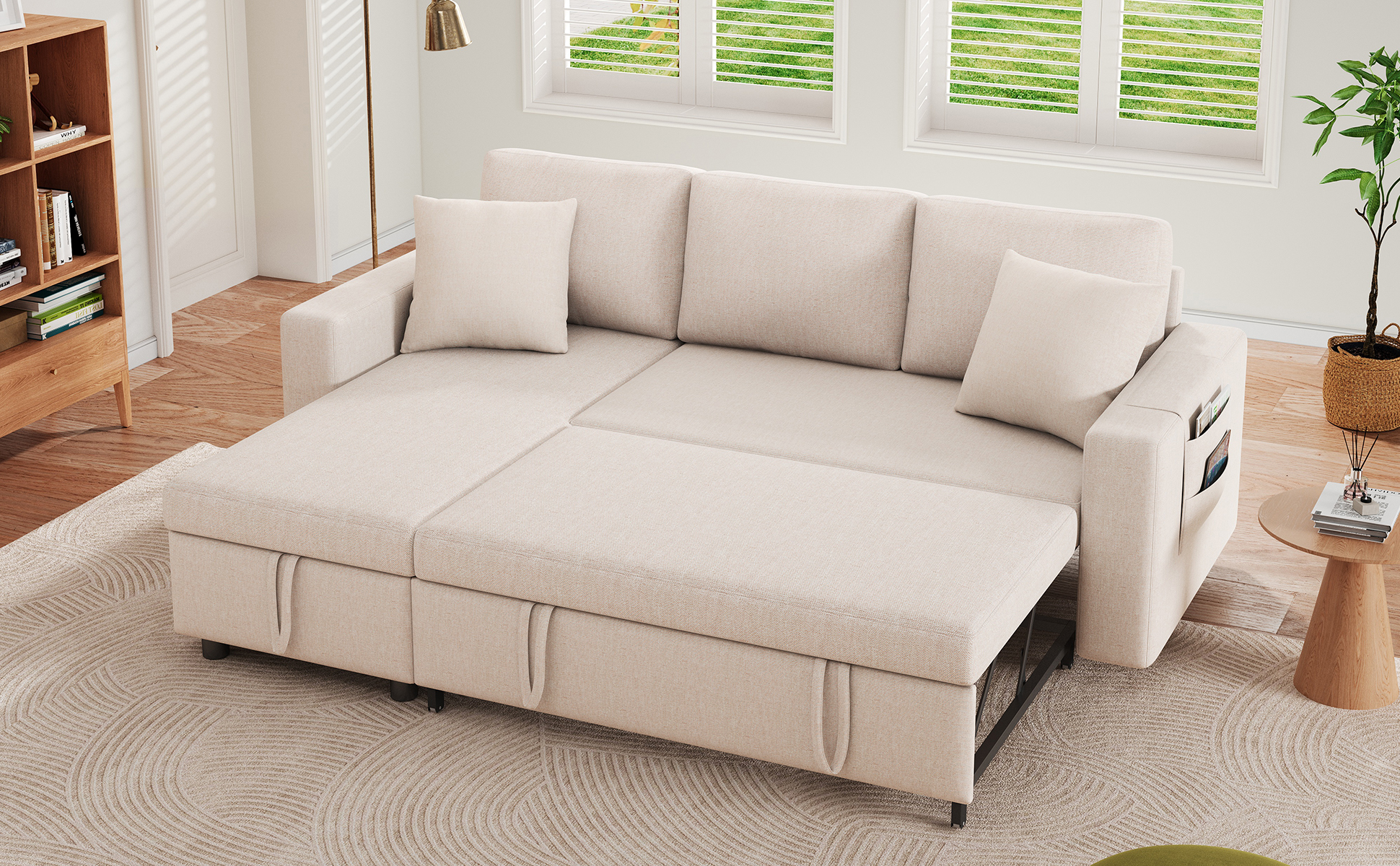 Canapé convertible beige avec méridienne réversible et rangement