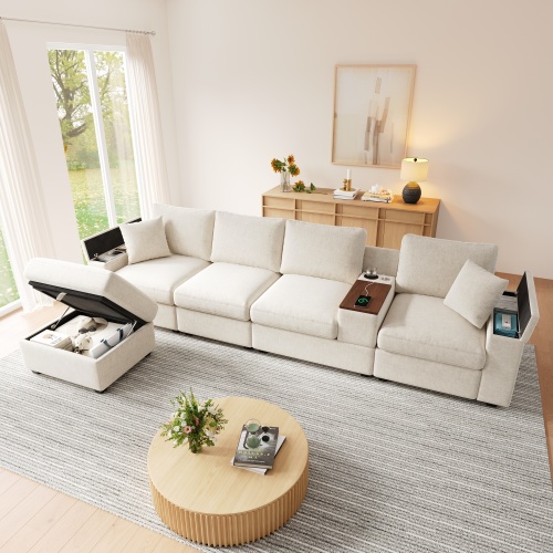 Pouf et accoudoirs avec rangements dissimulés