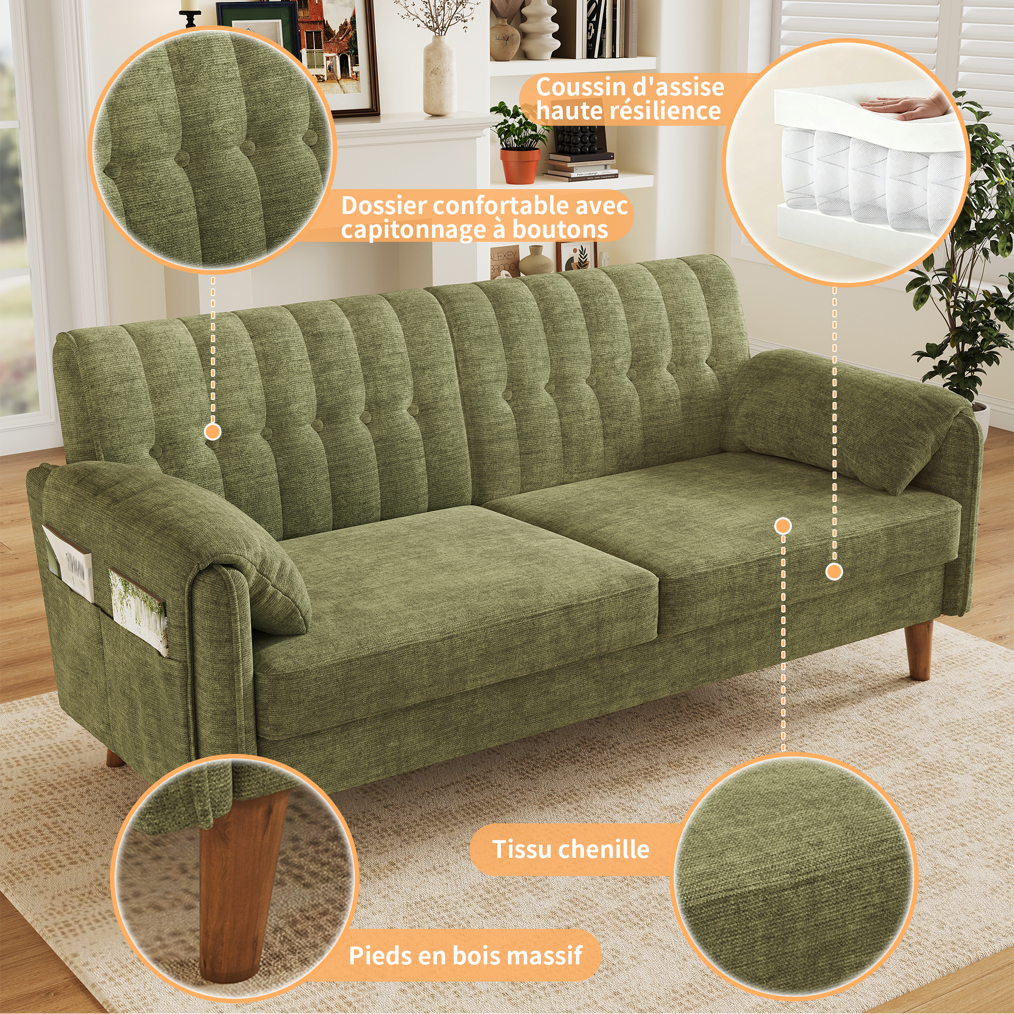Canapé 2 places 161,5 x 79 x 83,5 cm, avec coffre de rangement, modulable, en chenille, Vert - vue complémentaire
