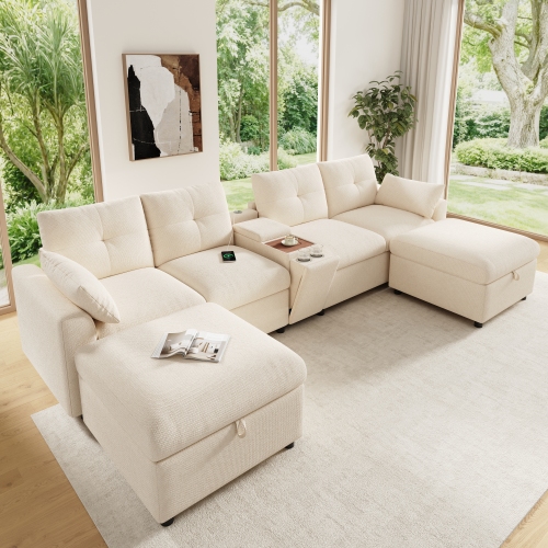 Canapé d’angle modulable en chenille avec poufs