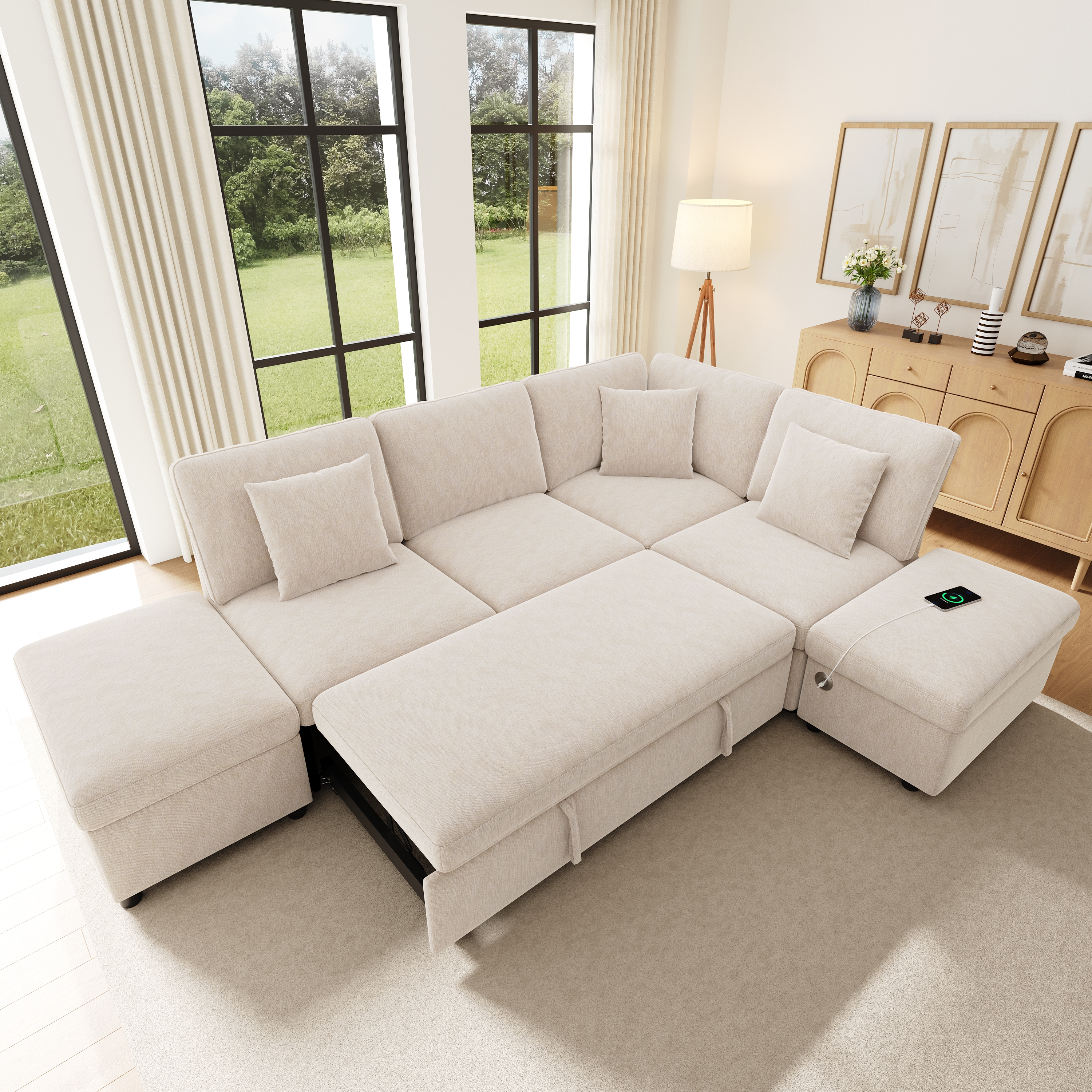 Canapé d’angle convertible en L 4 places 247,5 x 172 x 87 cm, avec rangement, pouf, table d’appoint et ports USB/USB-C, Chenille, beige - vue principale 1