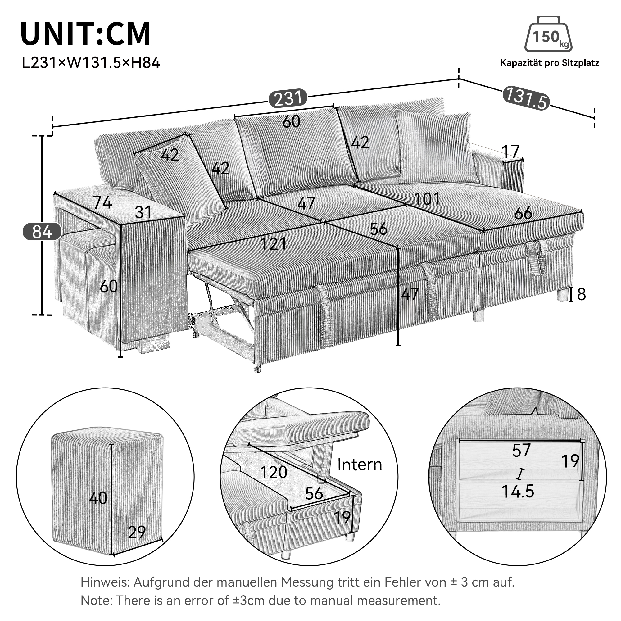 Détails et configuration du canapé convertible