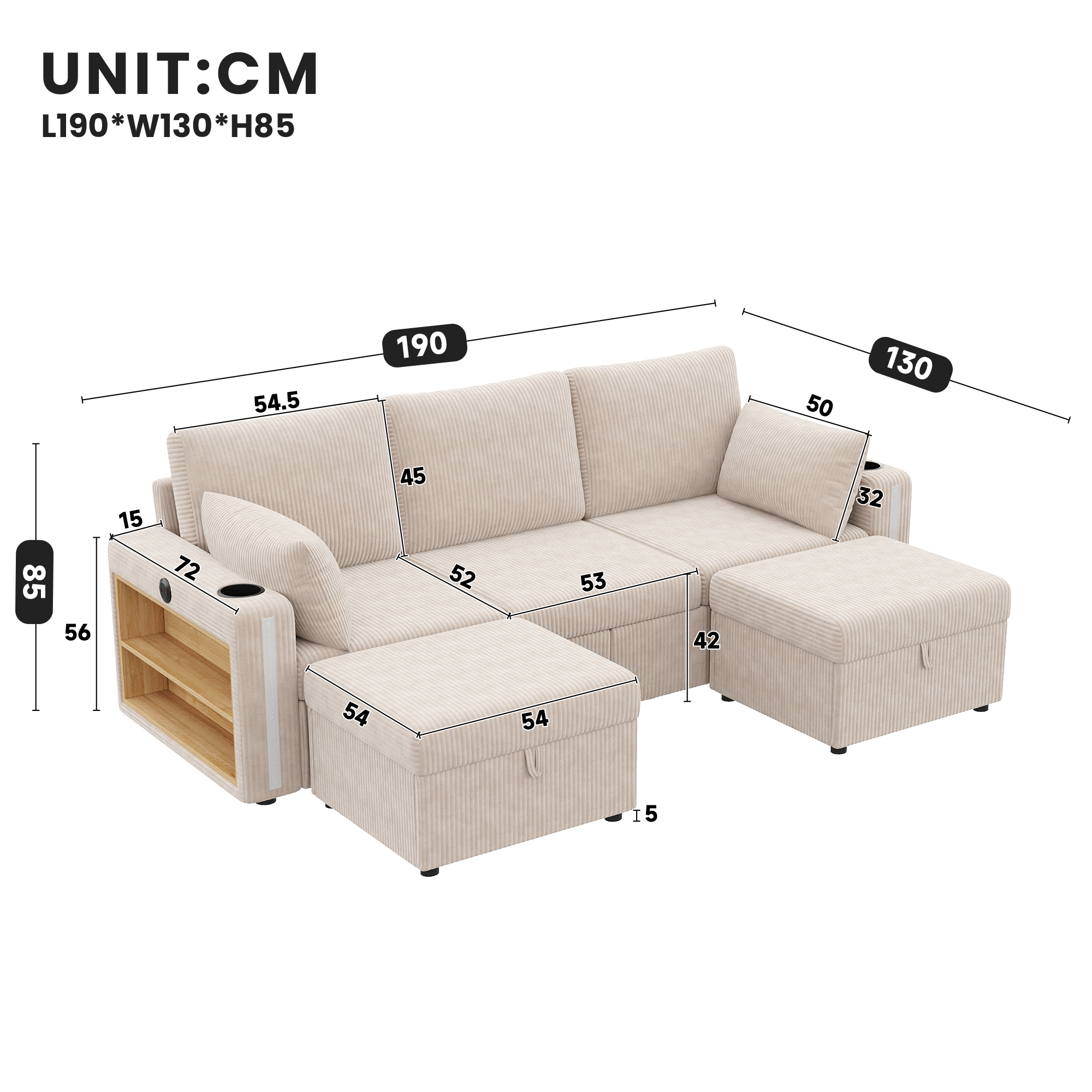 Vue d'ensemble du canapé modulable beige