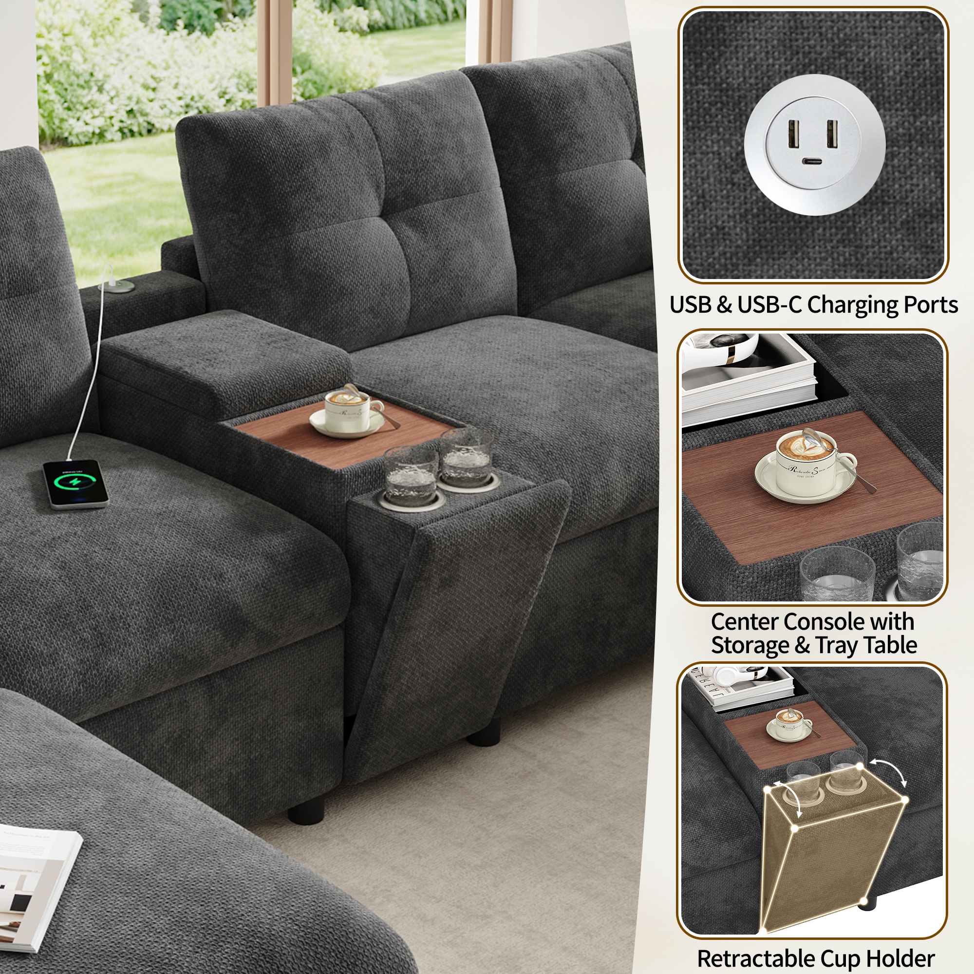 Canapé modulable 6 places en chenille U/L avec 2 poufss coffre, console, USB/Type-C et porte-gobelets, Gris, 316 x 140 x 84,5 cm - spécifications 1