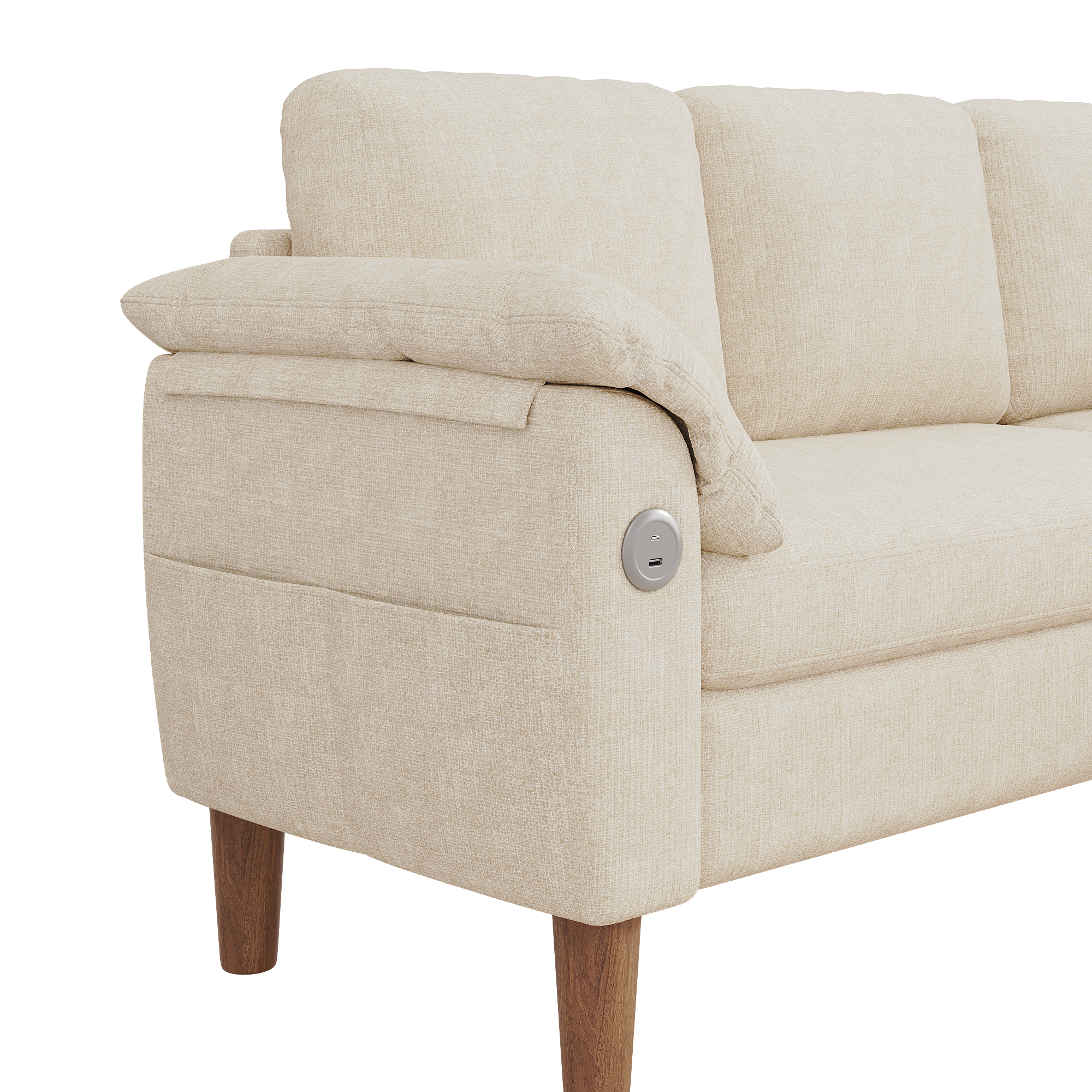 Canapé d’angle en L 3 places 181 x 125 x 88 cm, avec coffre de rangement, modulable, avec USB/Type-C, en chenille, Beige - vue complémentaire