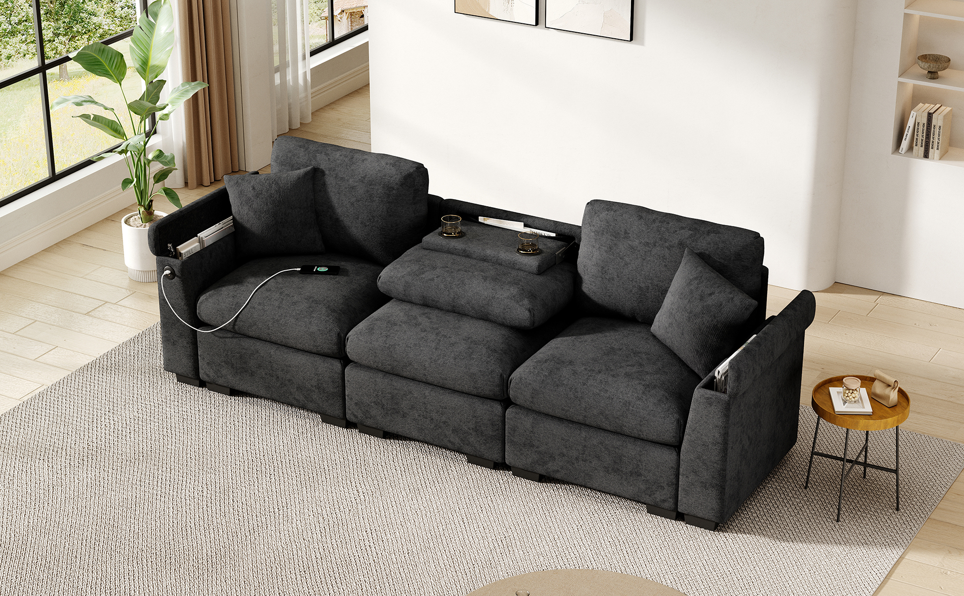 Canapé 3 places en chenille avec table rabattable et USB
