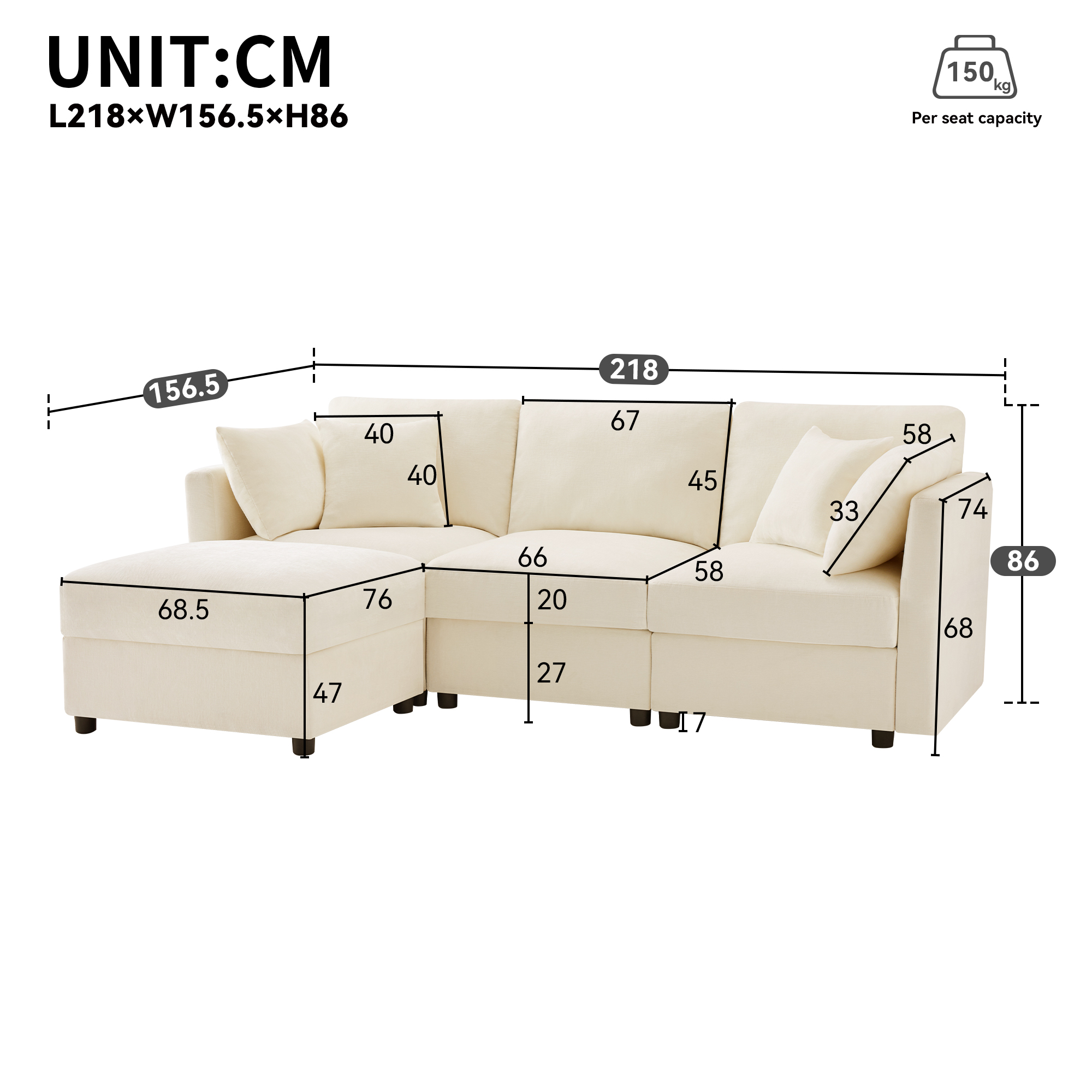 Dimensions canapé angle 218x156.5x86 cm