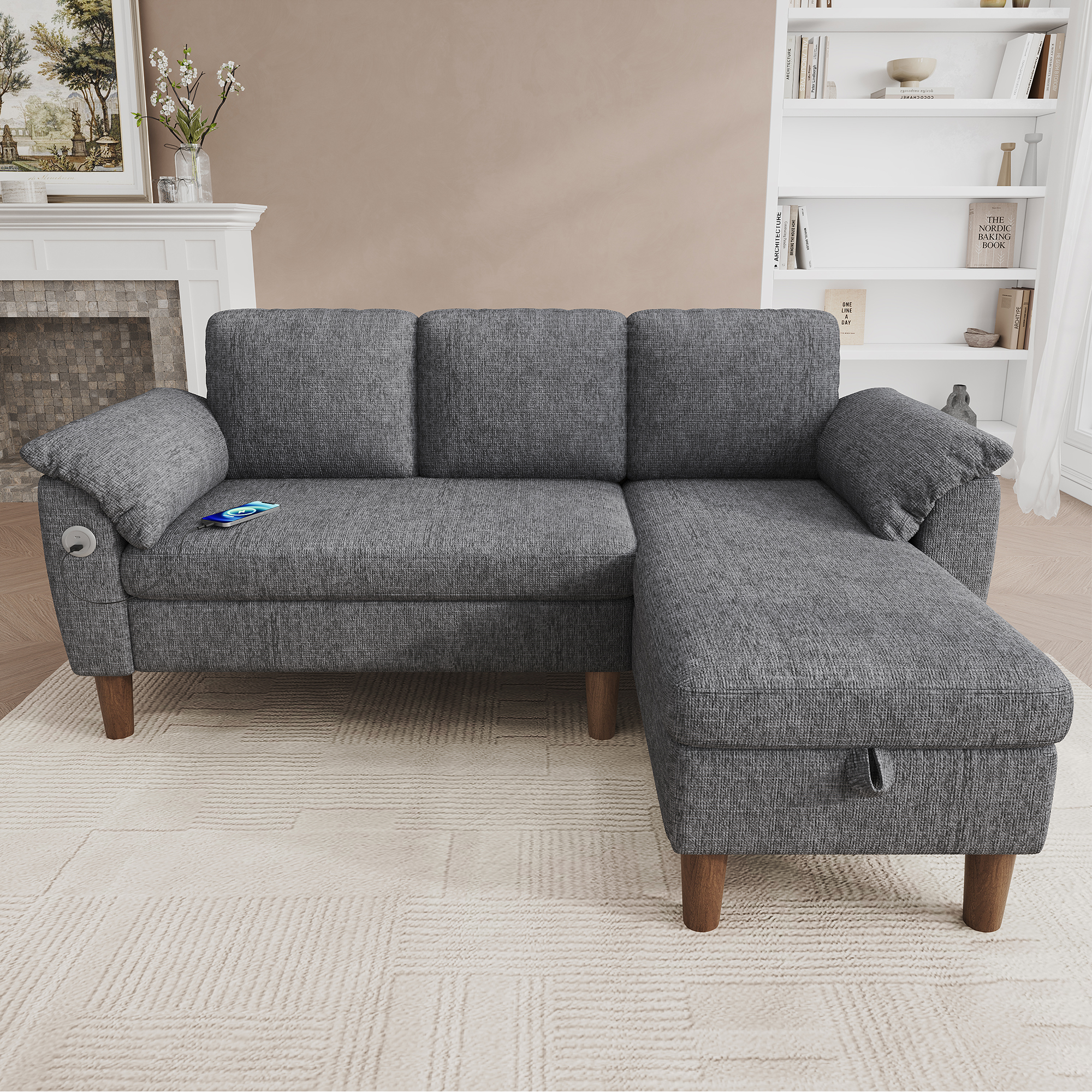 Canapé d’angle en L 3 places 181 x 125 x 88 cm, avec coffre de rangement, modulable, avec USB/Type-C, en chenille, Gris clair - vue principale
