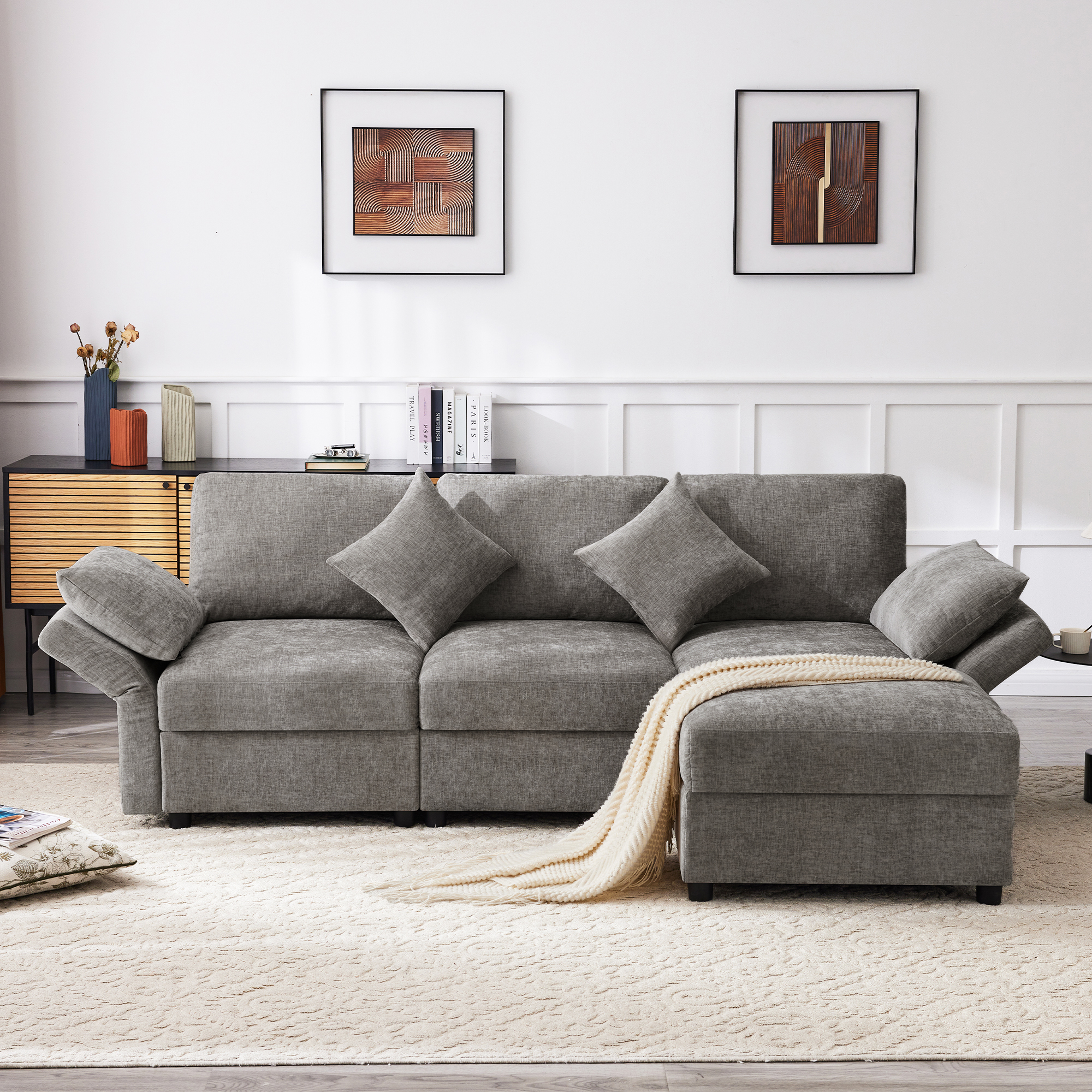 Canapé angle L 4 places gris chenille accoudoirs réglables pouf