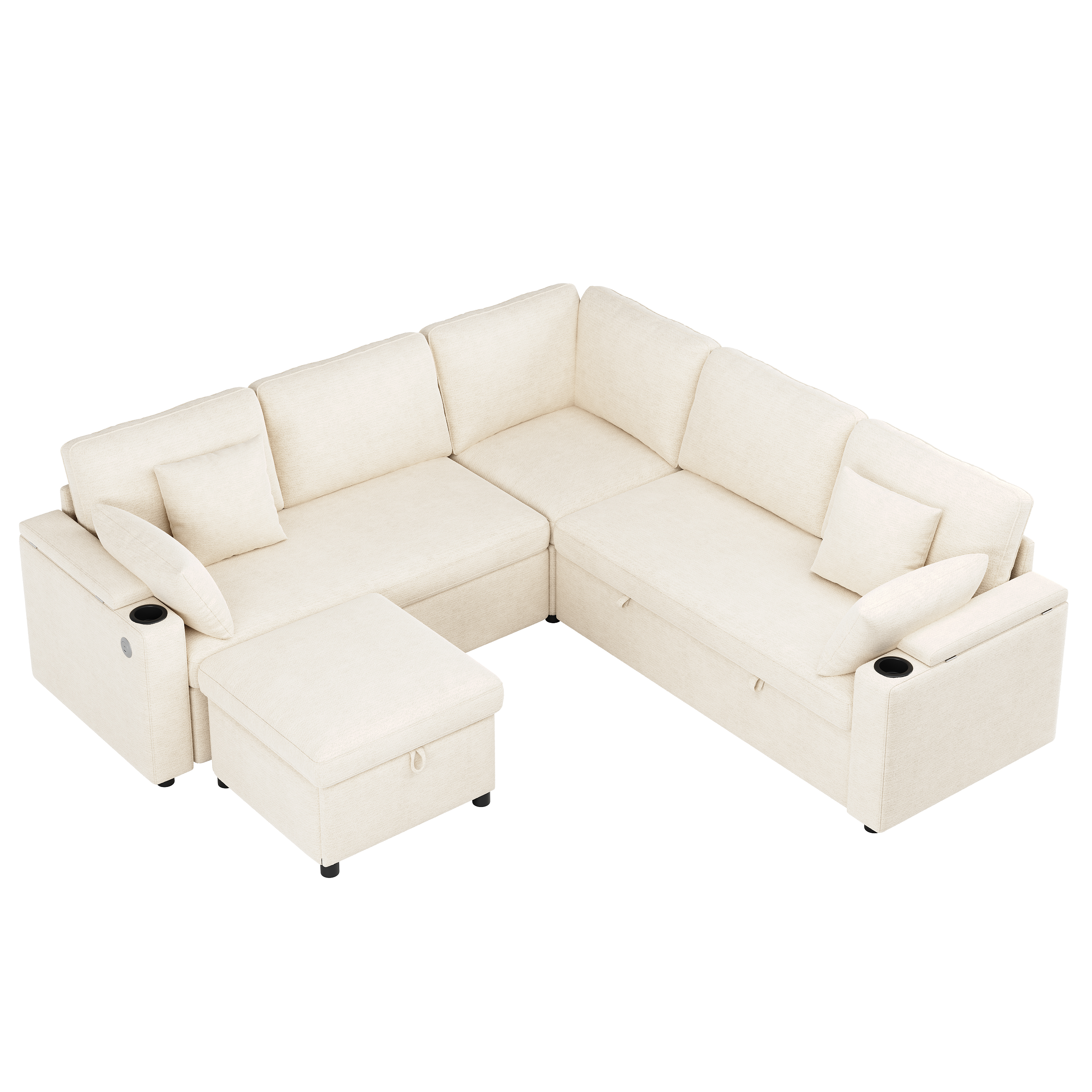 Canapé d’angle convertible 6 places en chenille avec pouf coffre, USB/Type-C, porte-gobelets, Beige, 204 x 204 x 83 cm - présentation 1