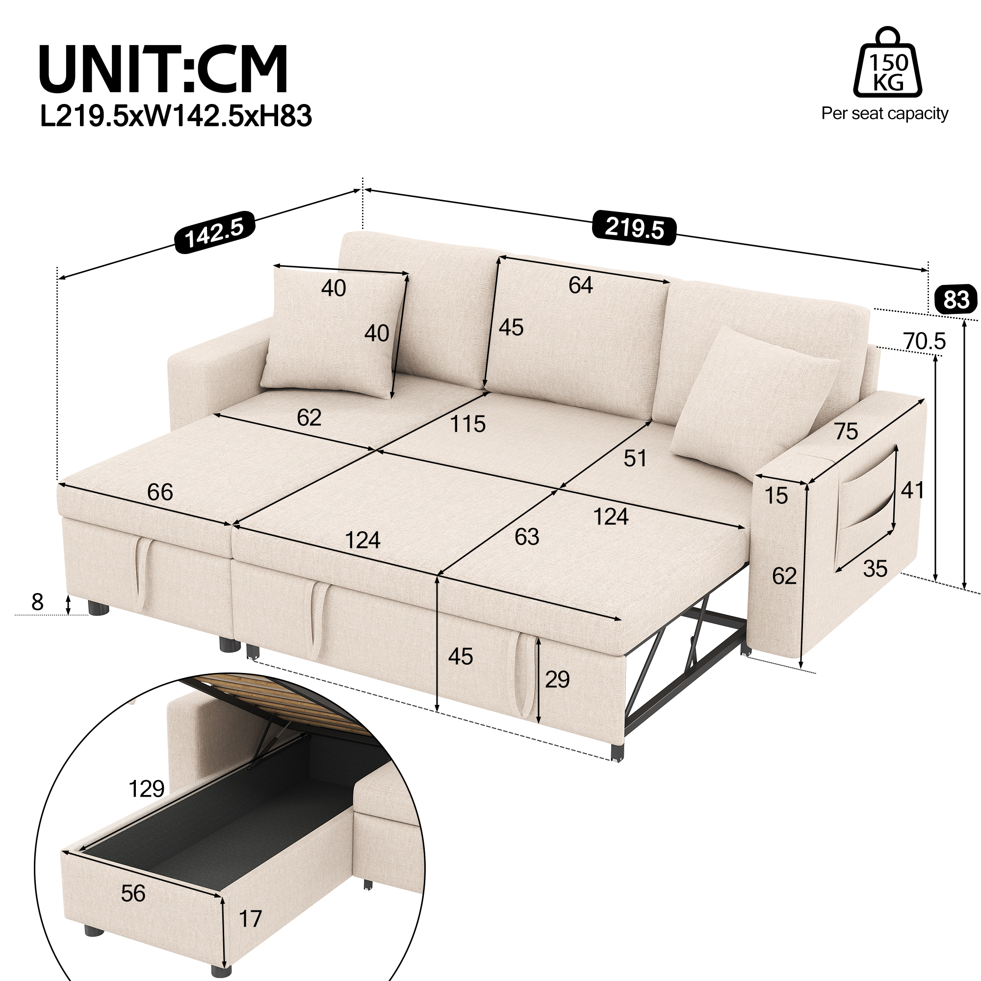 Dimensions et détails du canapé convertible beige