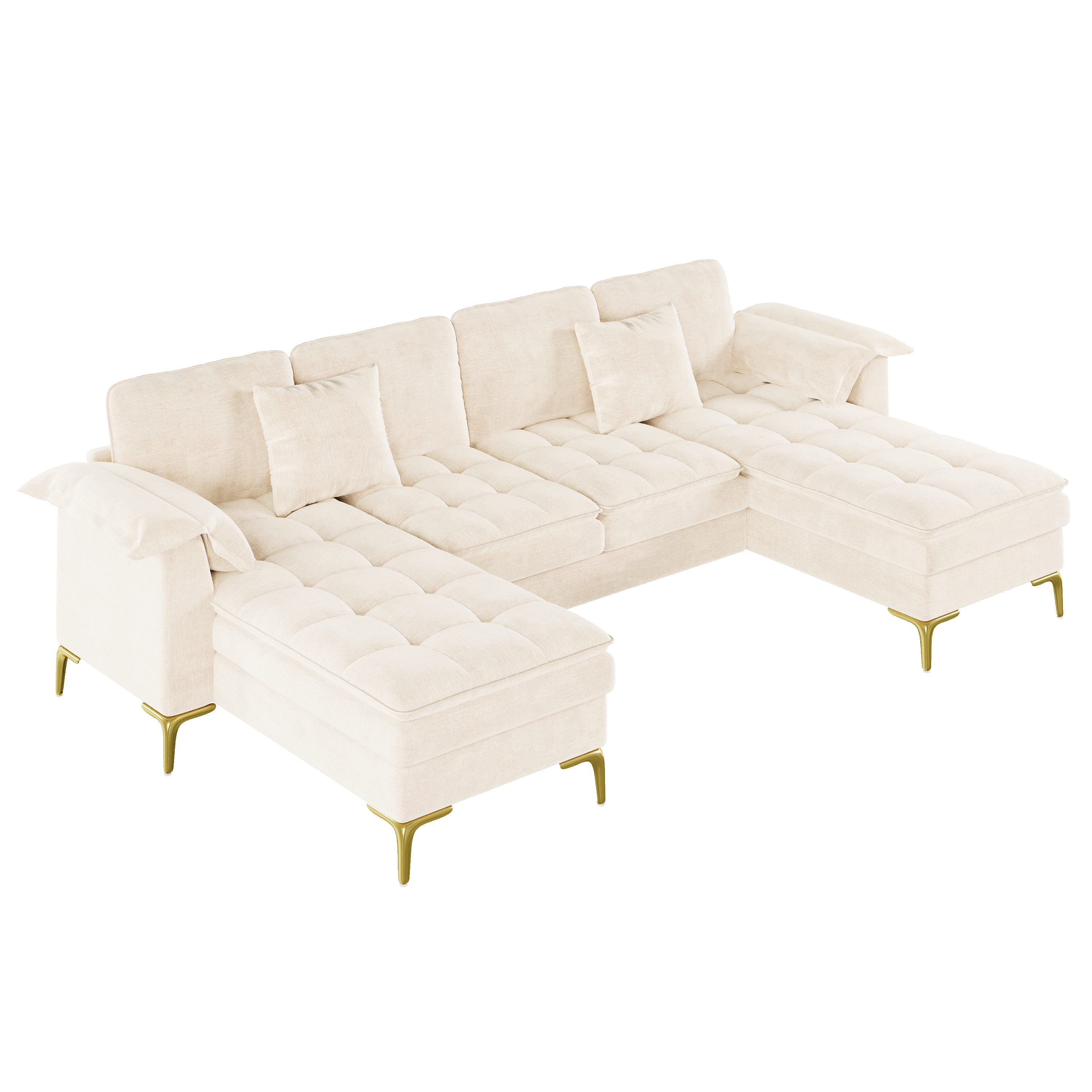 Canapé d’angle en U 4 places en chenille avec 2 méridiennes, 2 coussins et pieds métal doré, Beige, 262 x 134 x 86 cm - présentation 1