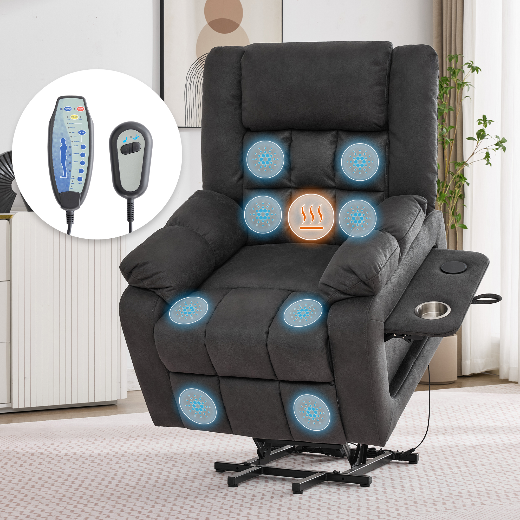 Fauteuil releveur électrique 1 place 87 x 96 x 103 cm, avec massage, chauffage, repose-pieds, porte-gobelet, port USB et poches latérales, tissu, gris foncé - présentation 1