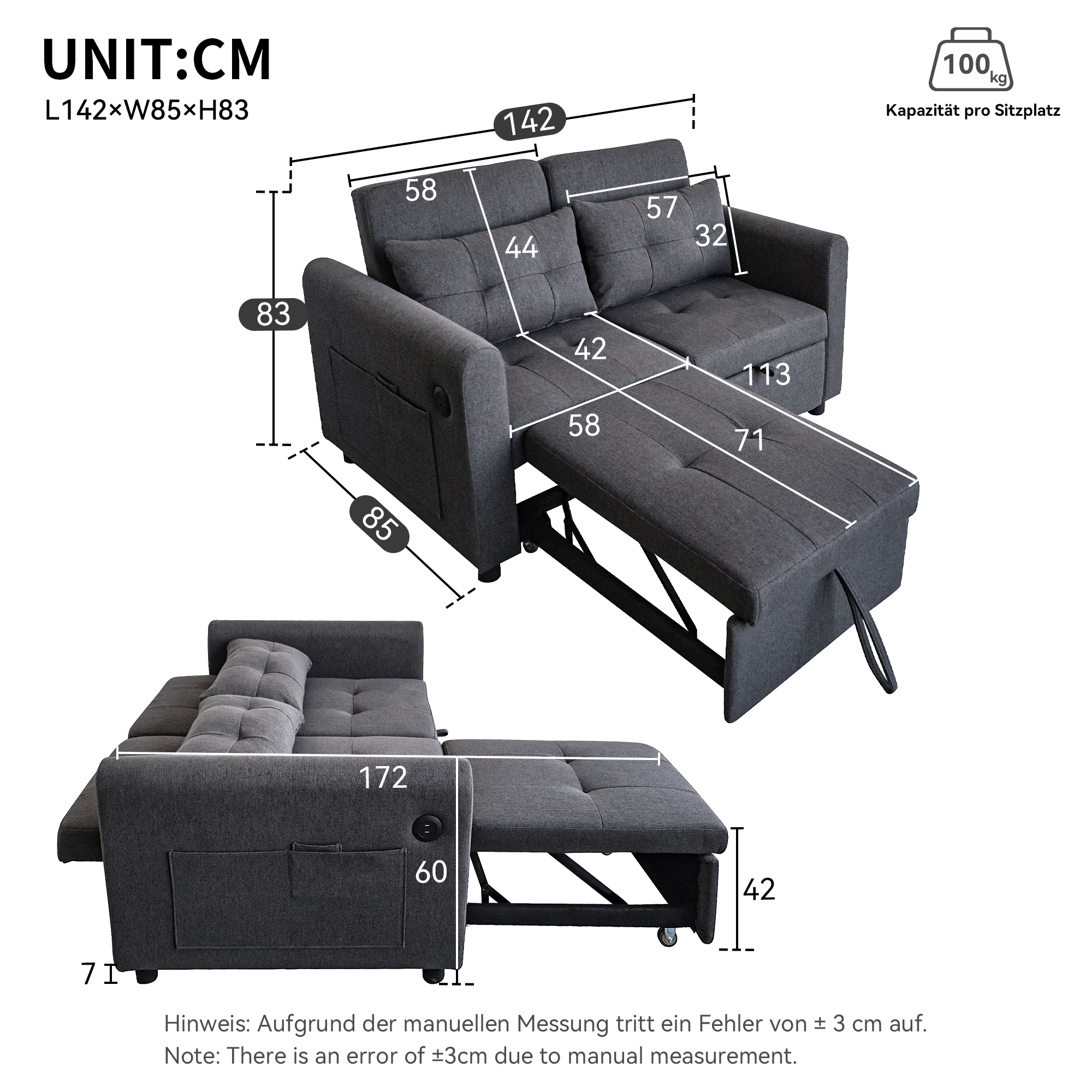 Dimensions canapé convertible 3 en 1 gris