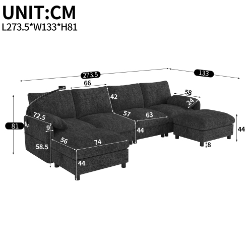 Dimensions du canapé modulable avec deux poufs