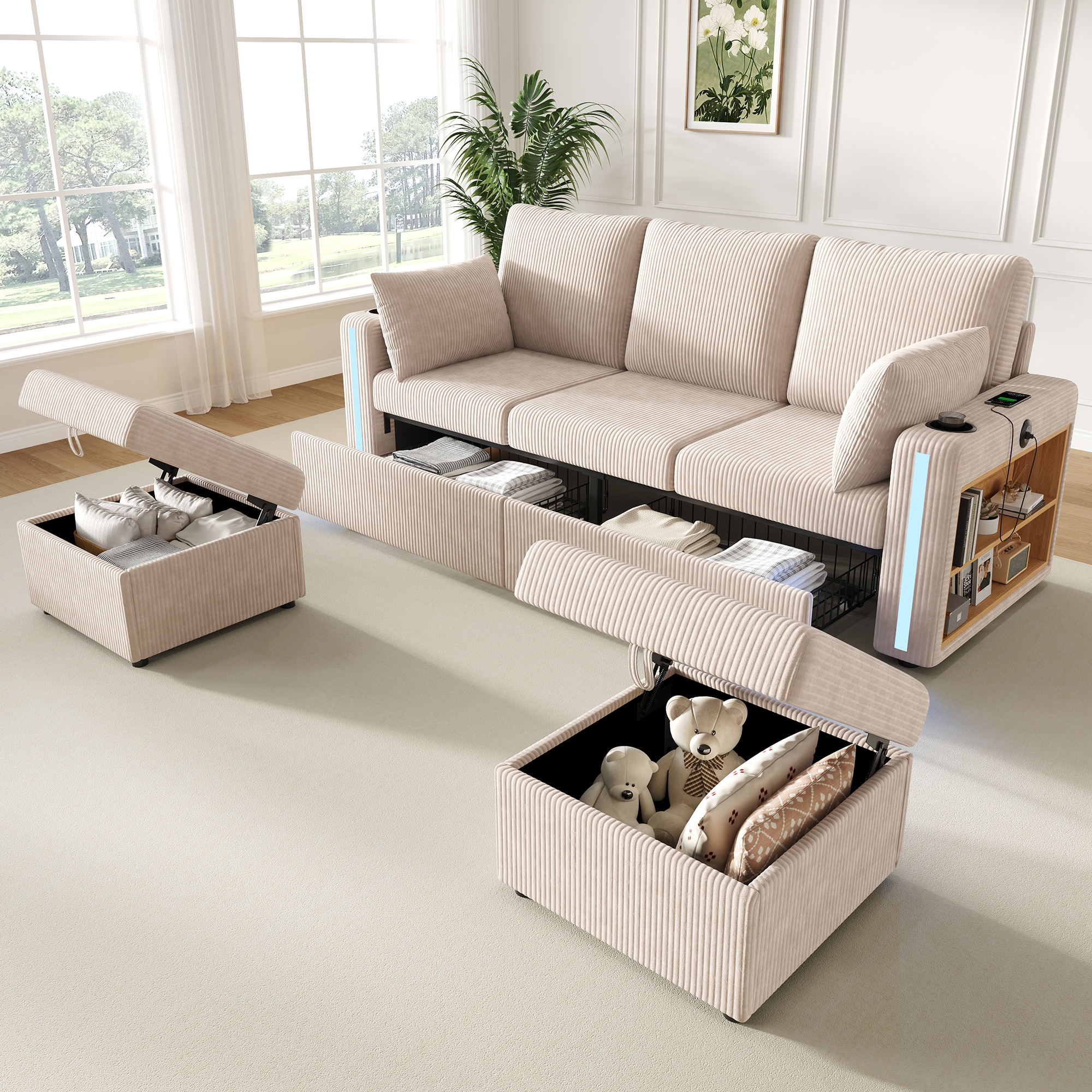 Canapé d’angle modulable 5 places 190 x 130 x 85 cm canapé en L avec méridienne, avec pouf, avec rangement, velours côtelé, Beige - présentation 1