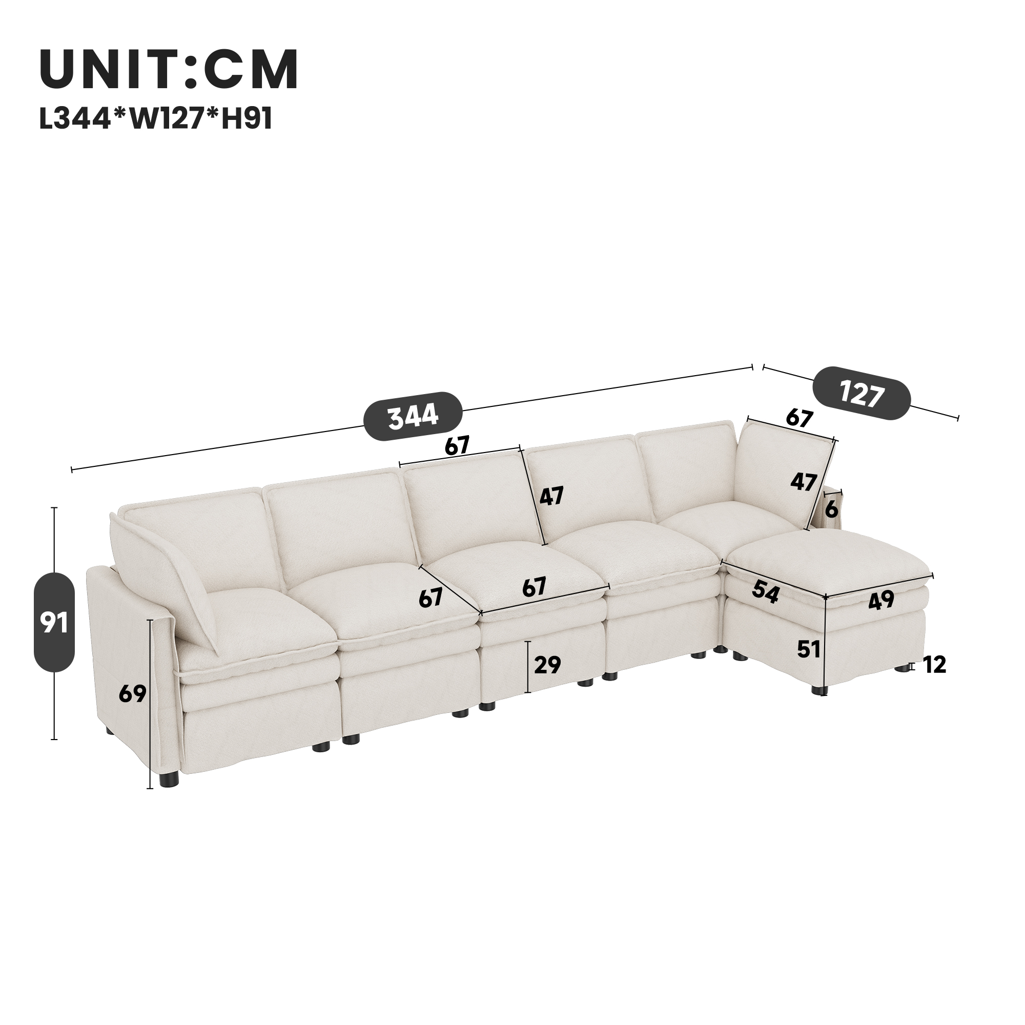 Canapé d’angle modulable 6 places 344 x 127 x 91 cm canapé en L avec méridienne, avec pouf, chenille, Beige - vue complémentaire 1