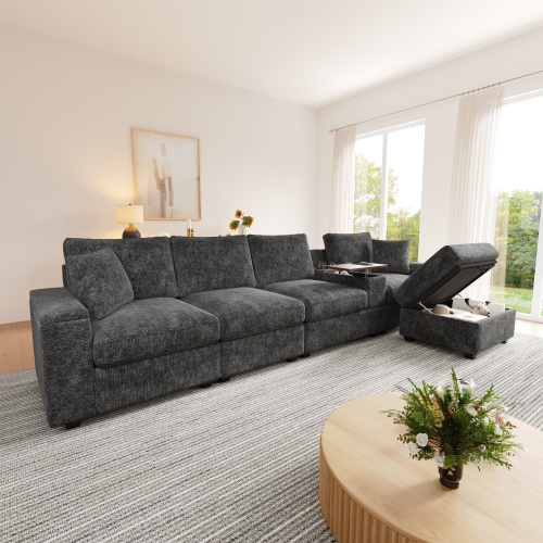 Pouf et accoudoirs avec rangements dissimulés