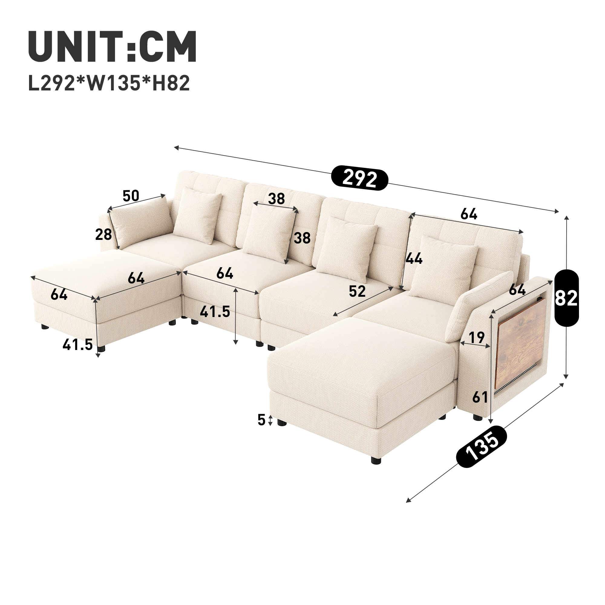 Canapé d’angle modulable 6 places 292 x 135 x 82 cm canapé en L avec méridienne, avec pouf, avec tablette, avec rangement, chenille, Beige - vue complémentaire 1