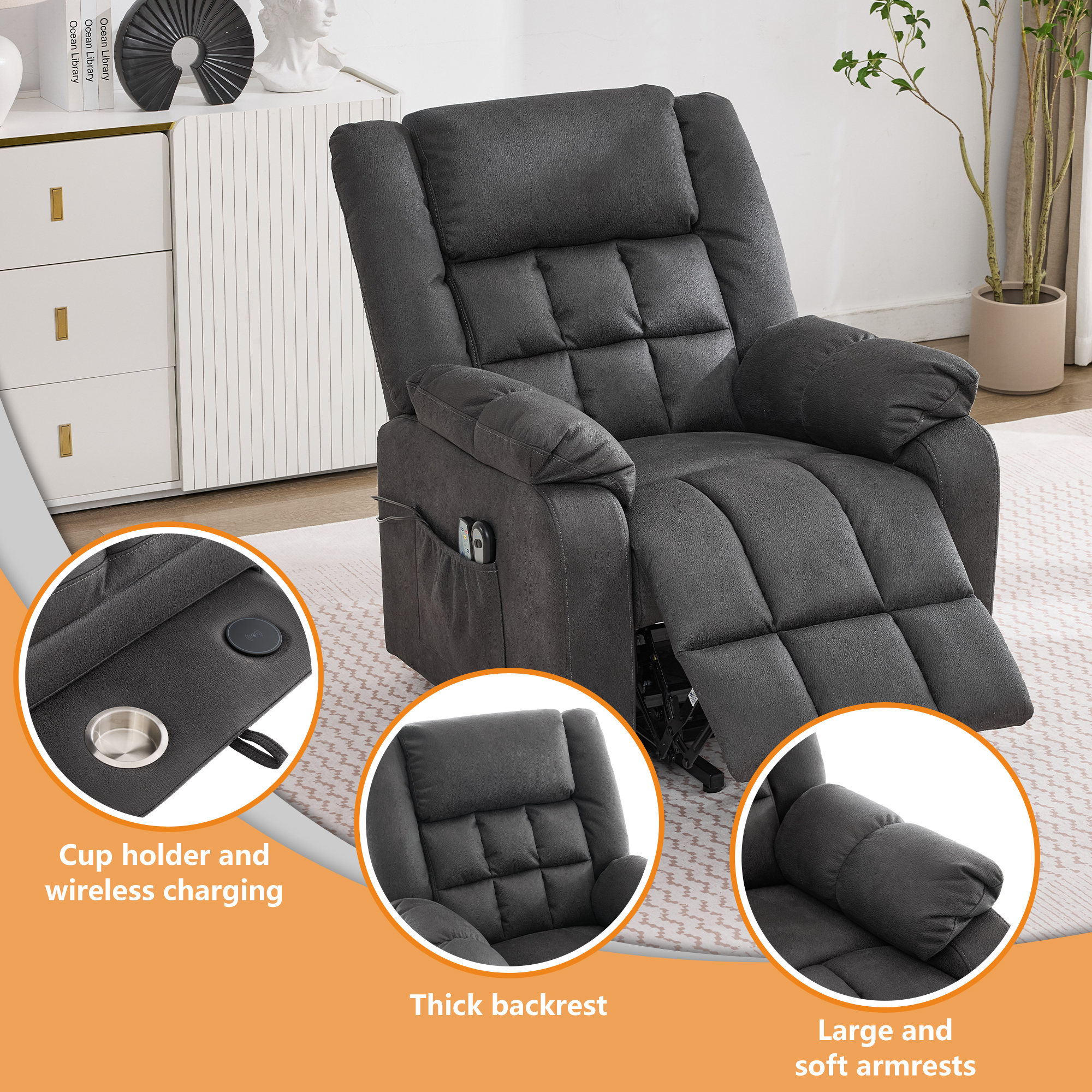 Fauteuil releveur électrique 1 place 87 x 96 x 103 cm, avec massage, chauffage, repose-pieds, porte-gobelet, port USB et poches latérales, tissu, gris foncé - points forts 1
