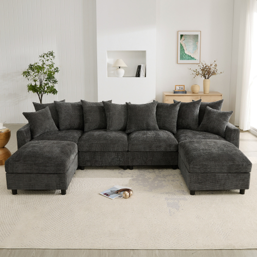Canapé d’angle modulable en chenille avec deux poufs